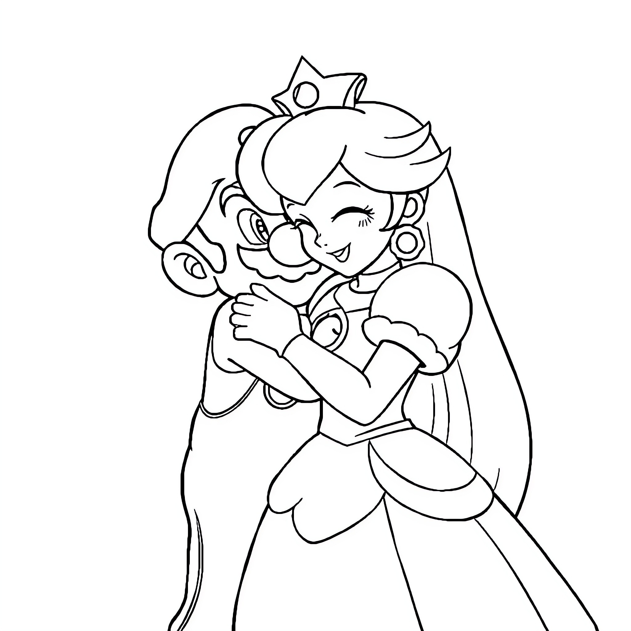 Mario embracing princess with affection Coloring Page (free black-and-white line drawing printable PDF for all, from beginners to advanced learners, including children, teens, adults, and seniors)