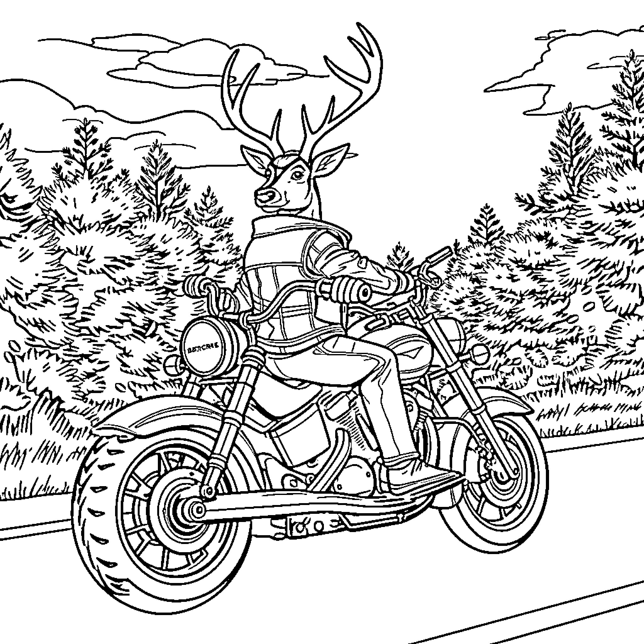 Buck riding a motorcycle through the wilderness Coloring Page (free black-and-white line drawing printable PDF for all, from beginners to advanced learners, including children, teens, adults, and seniors)
