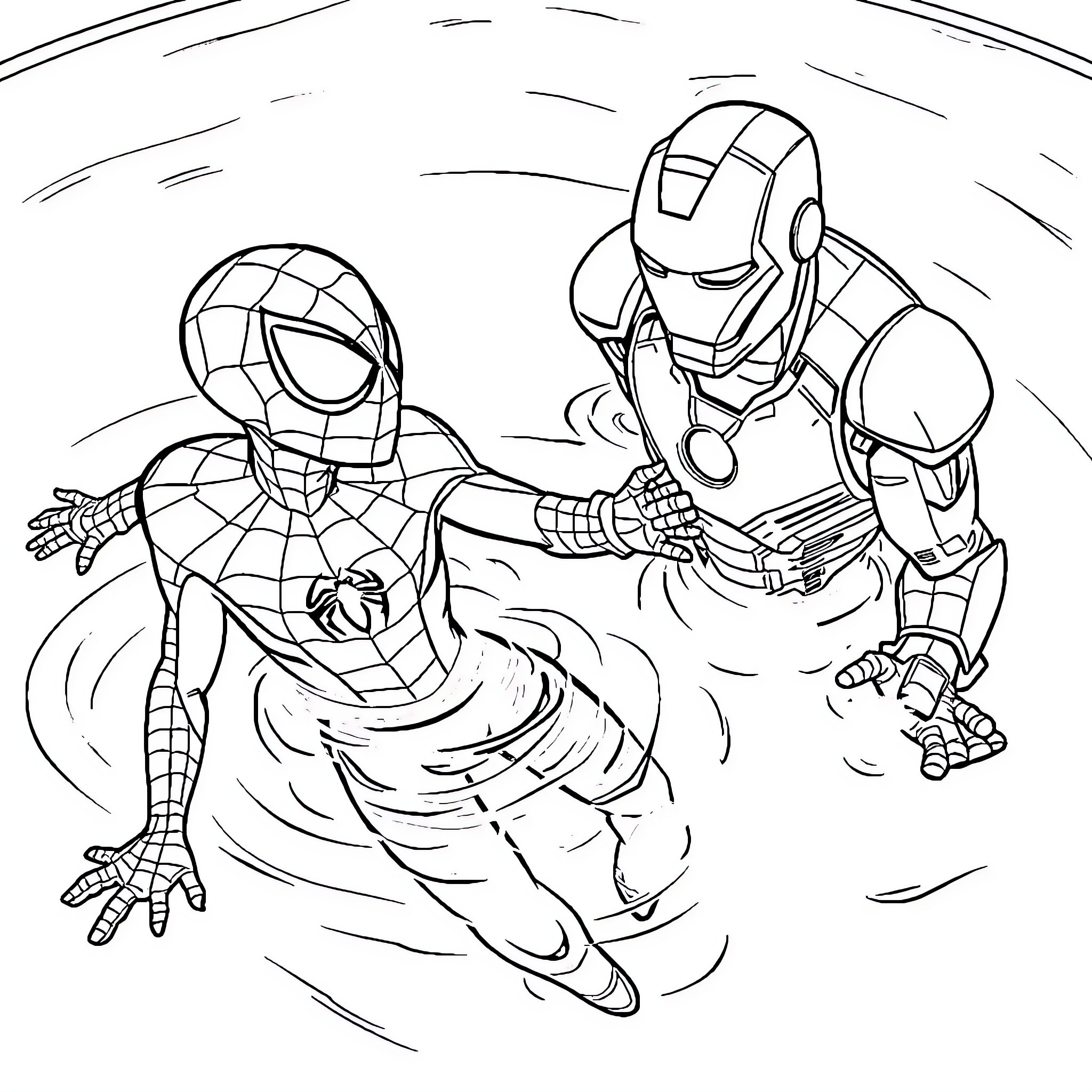 Spidey and Iron Man in action Coloring Page (free black-and-white line drawing printable PDF for all, from beginners to advanced learners, including children, teens, adults, and seniors)