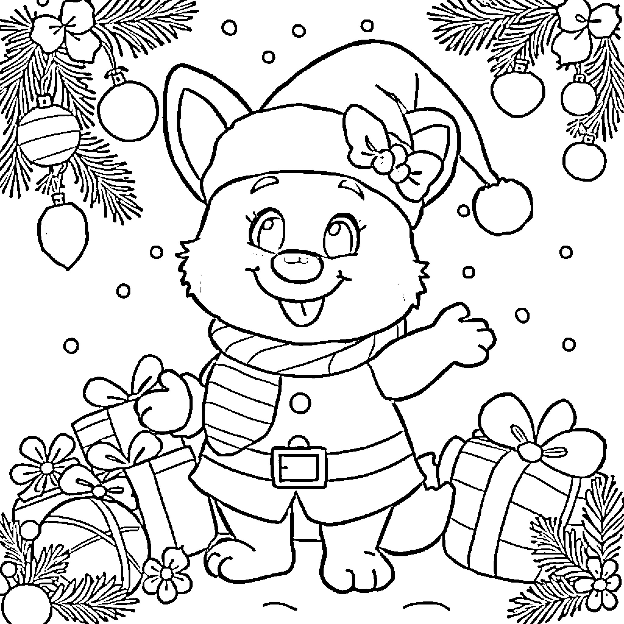 Bluey's Festive Frolics Coloring Page (free black-and-white line drawing printable PDF for all, from beginners to advanced learners, including children, teens, adults, and seniors)