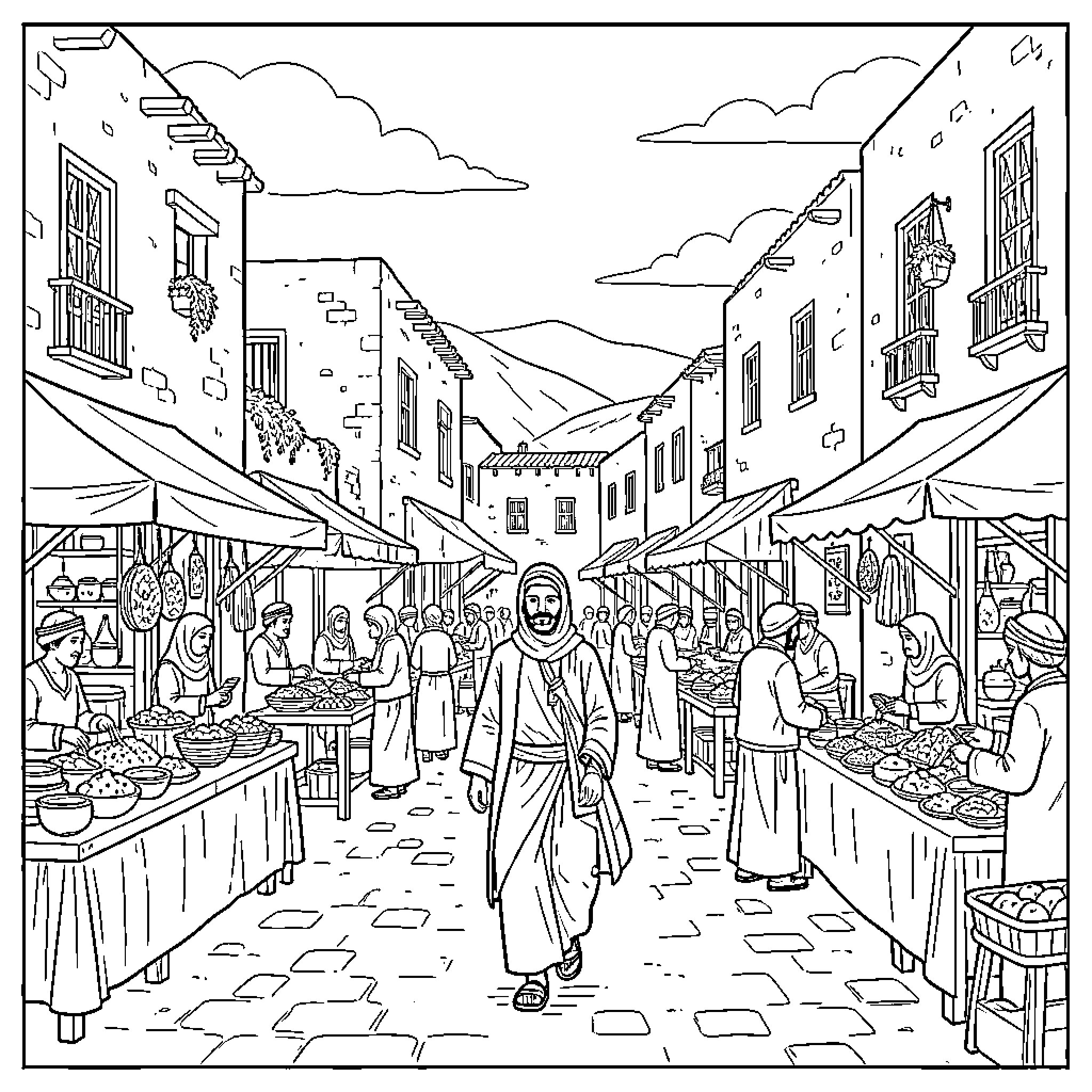 Hakimi walking through a busy traditional market scene Coloring Page (free black-and-white line drawing printable PDF for all, from beginners to advanced learners, including children, teens, adults, and seniors)