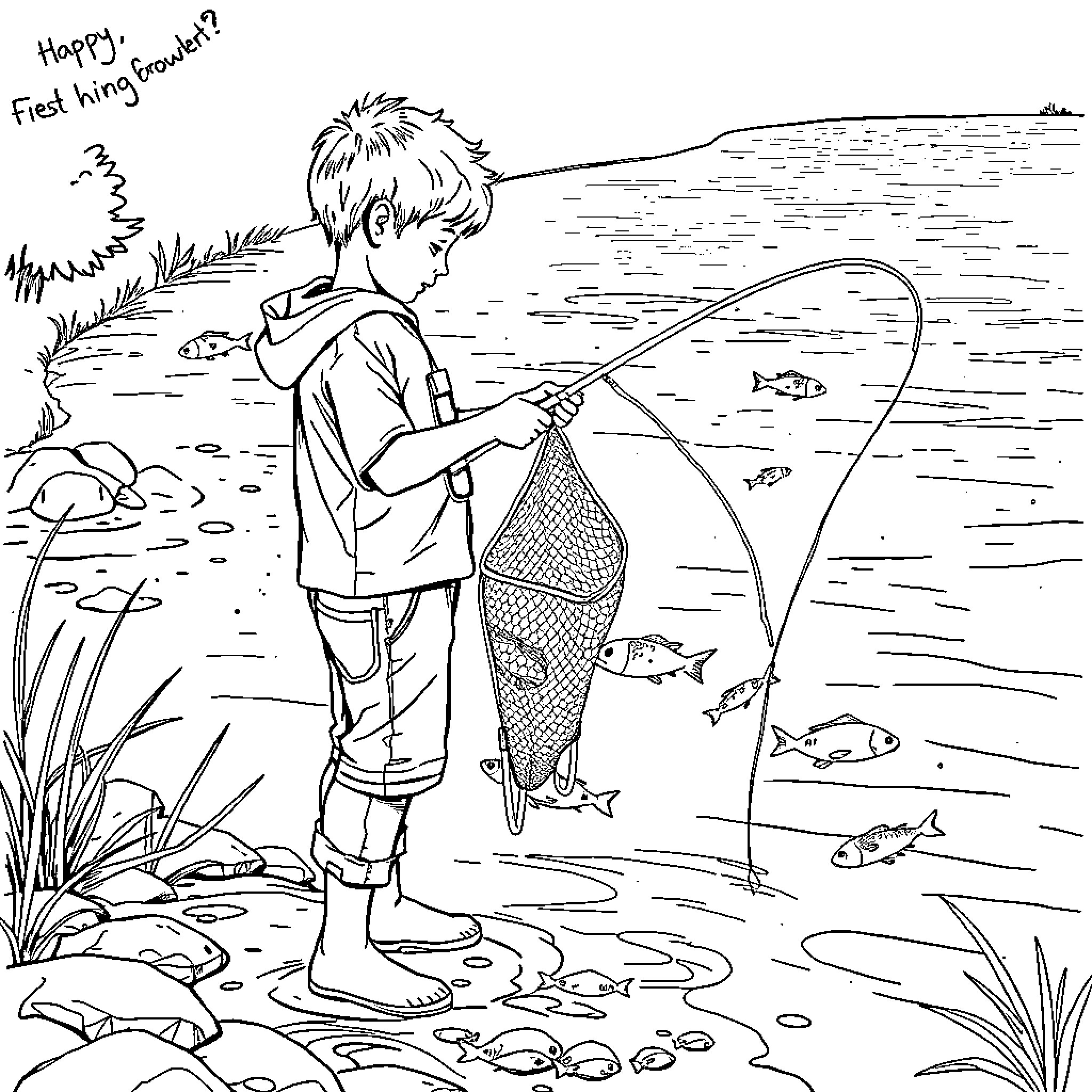 Boy happily fishing by the lake Coloring Page (free black-and-white line drawing printable PDF for all, from beginners to advanced learners, including children, teens, adults, and seniors)