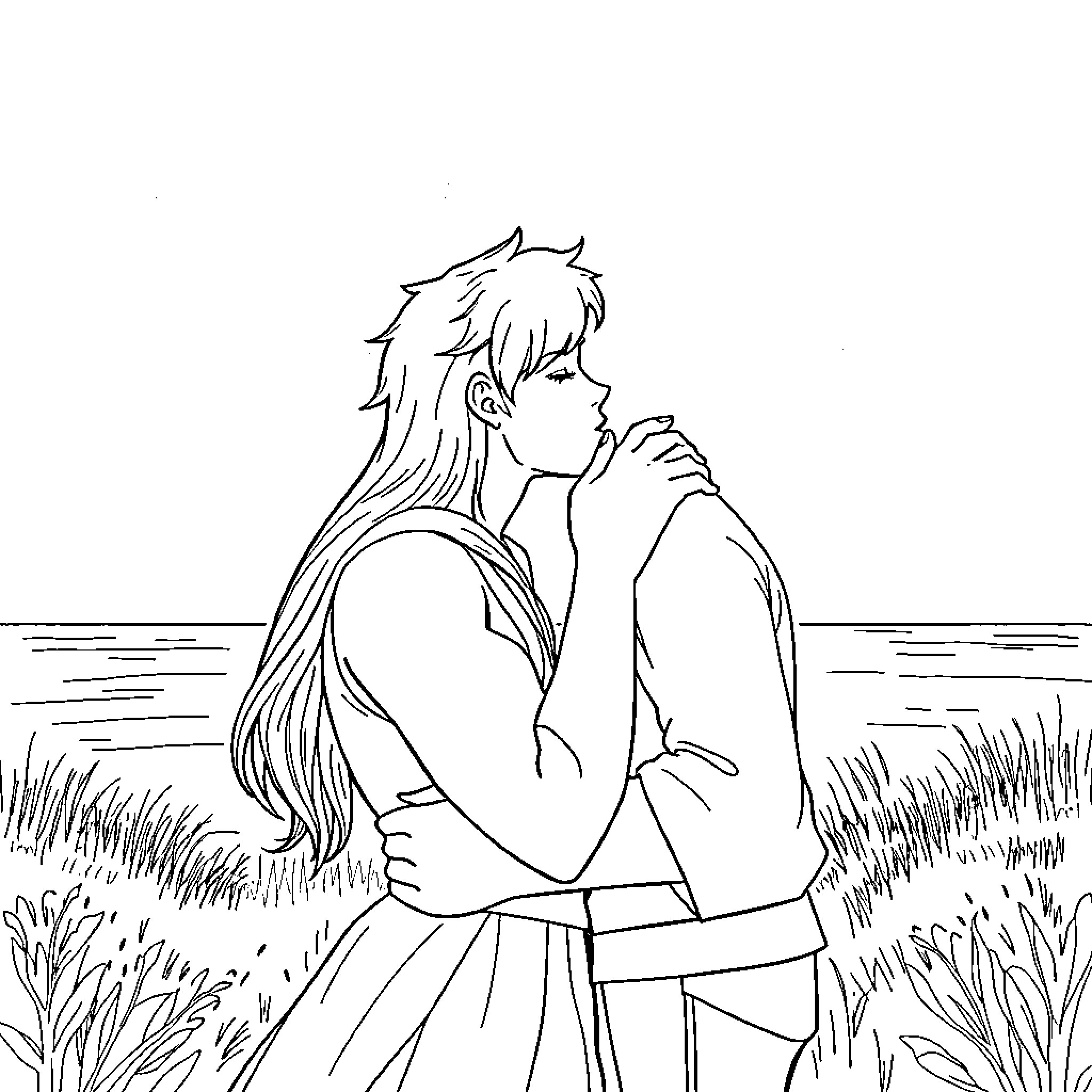Aphmau Characters Embracing in a Peaceful Landscape Coloring Page (free black-and-white line drawing printable PDF for all, from beginners to advanced learners, including children, teens, adults, and seniors)