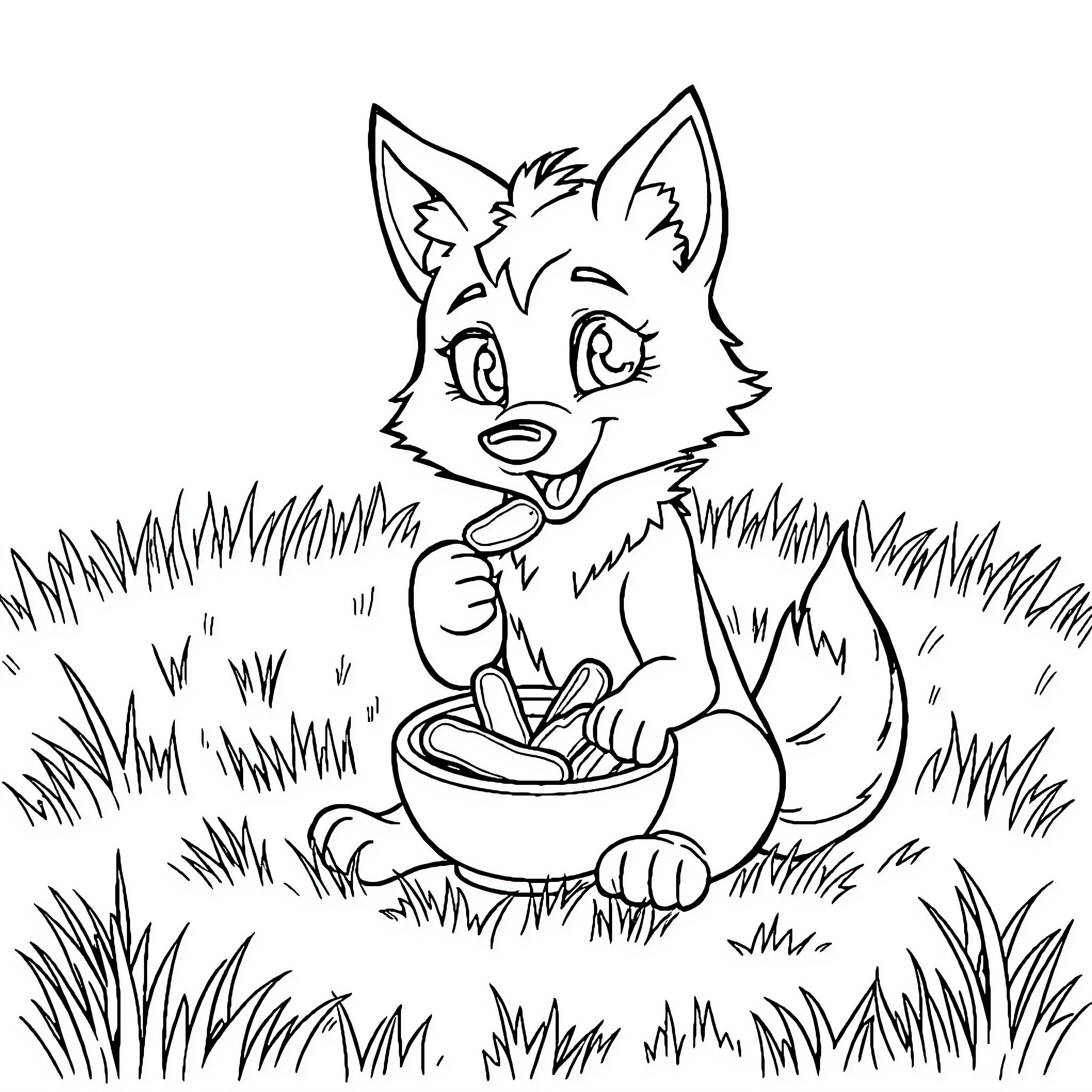 Wolf enjoying a meal in the wilderness Coloring Page (free black-and-white line drawing printable PDF for all, from beginners to advanced learners, including children, teens, adults, and seniors)