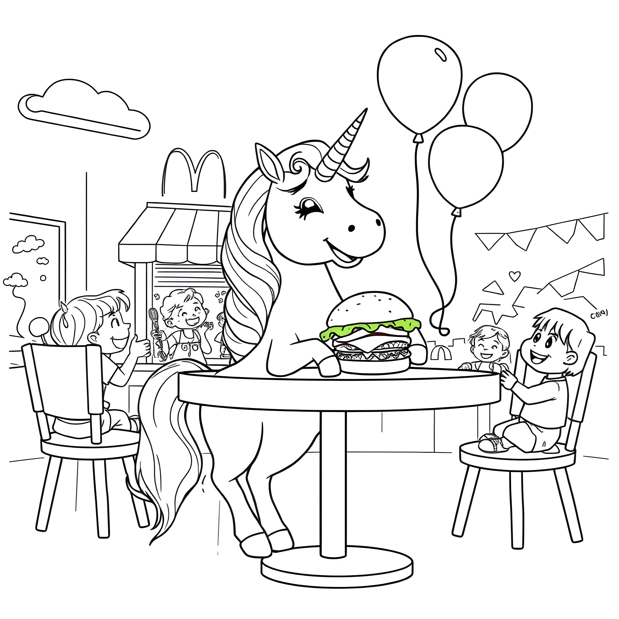Unicorn Celebrates with Friends at a Party Coloring Page (free black-and-white line drawing printable PDF for all, from beginners to advanced learners, including children, teens, adults, and seniors)
