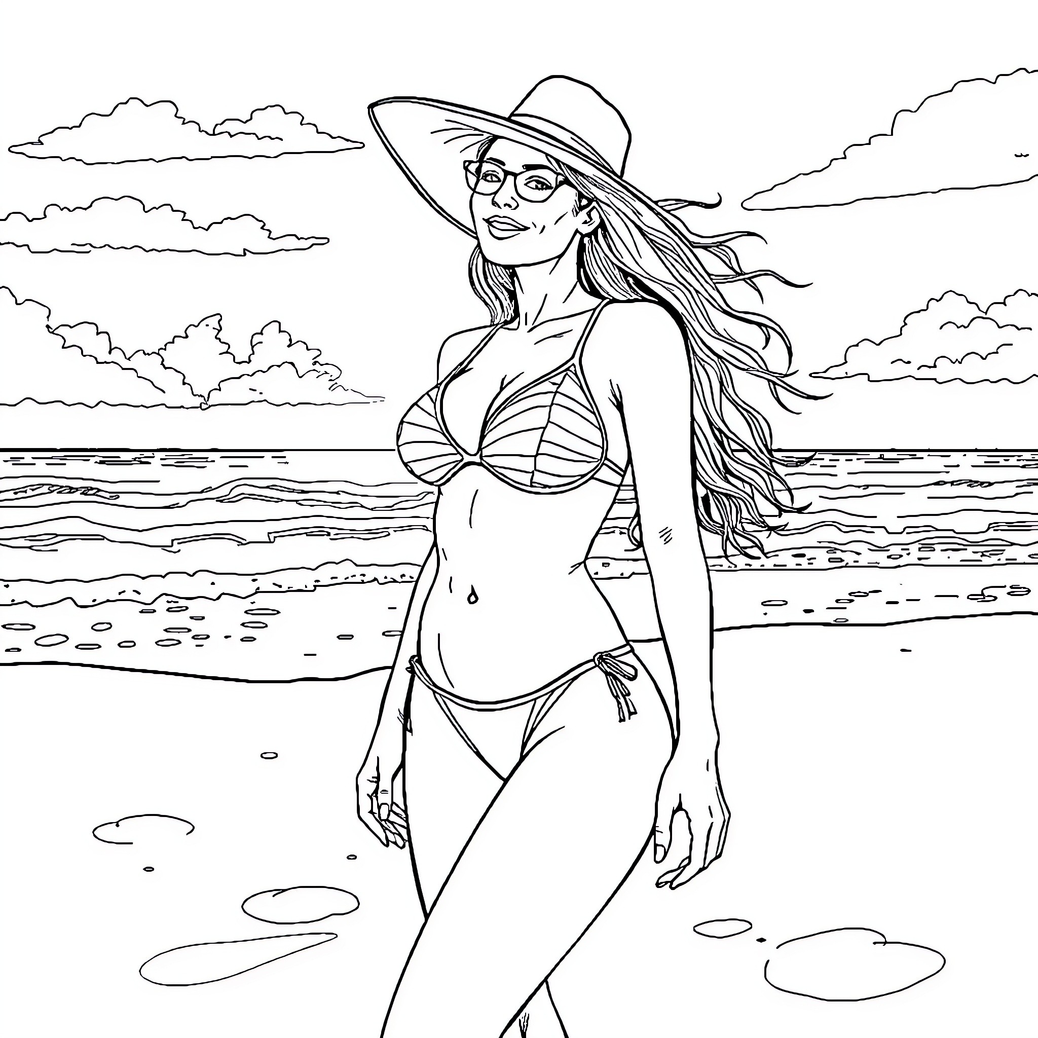 Woman enjoying the beach in summer attire Coloring Page (free black-and-white line drawing printable PDF for all, from beginners to advanced learners, including children, teens, adults, and seniors)