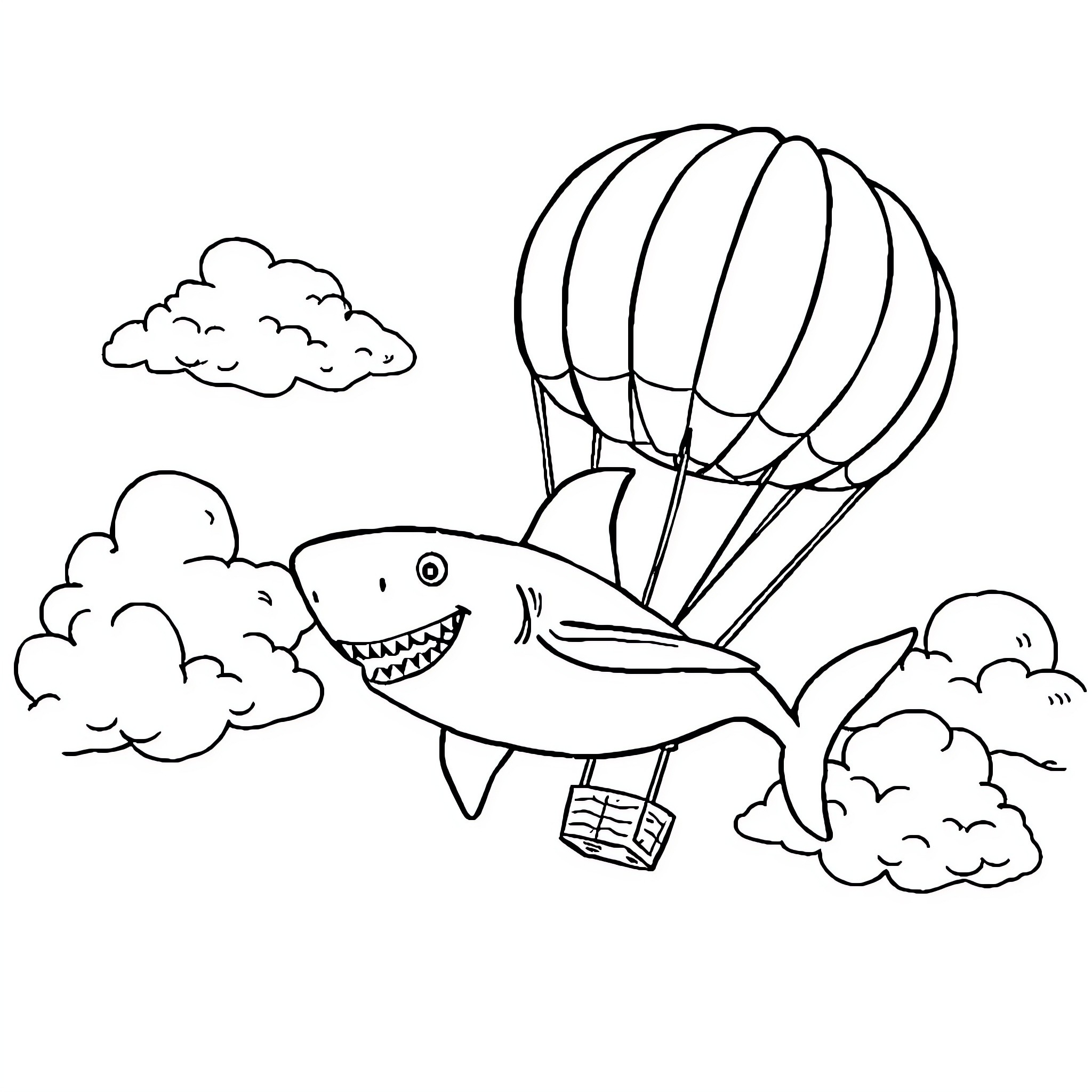 Shark riding a hot air balloon in the sky Coloring Page (free black-and-white line drawing printable PDF for all, from beginners to advanced learners, including children, teens, adults, and seniors)