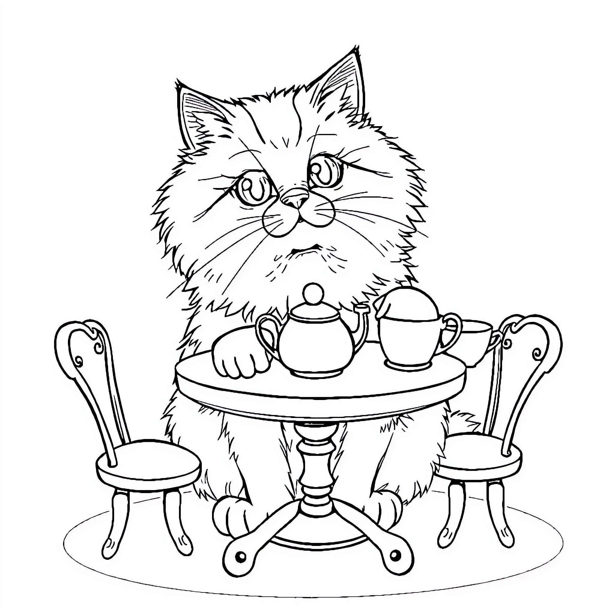 Cat Enjoying Tea Time Coloring Page (free black-and-white line drawing printable PDF for all, from beginners to advanced learners, including children, teens, adults, and seniors)