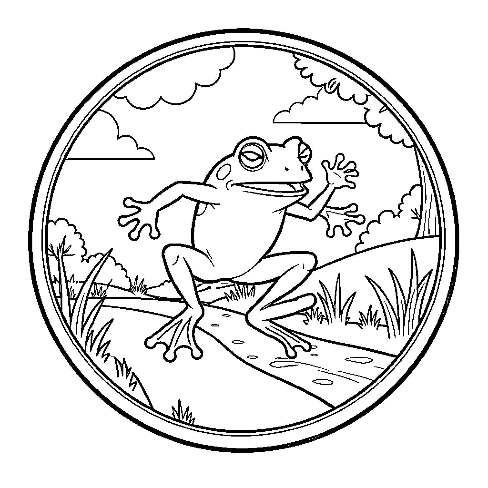 Frog dancing joyfully in a natural landscape Coloring Page (free black-and-white line drawing printable PDF for all, from beginners to advanced learners, including children, teens, adults, and seniors)