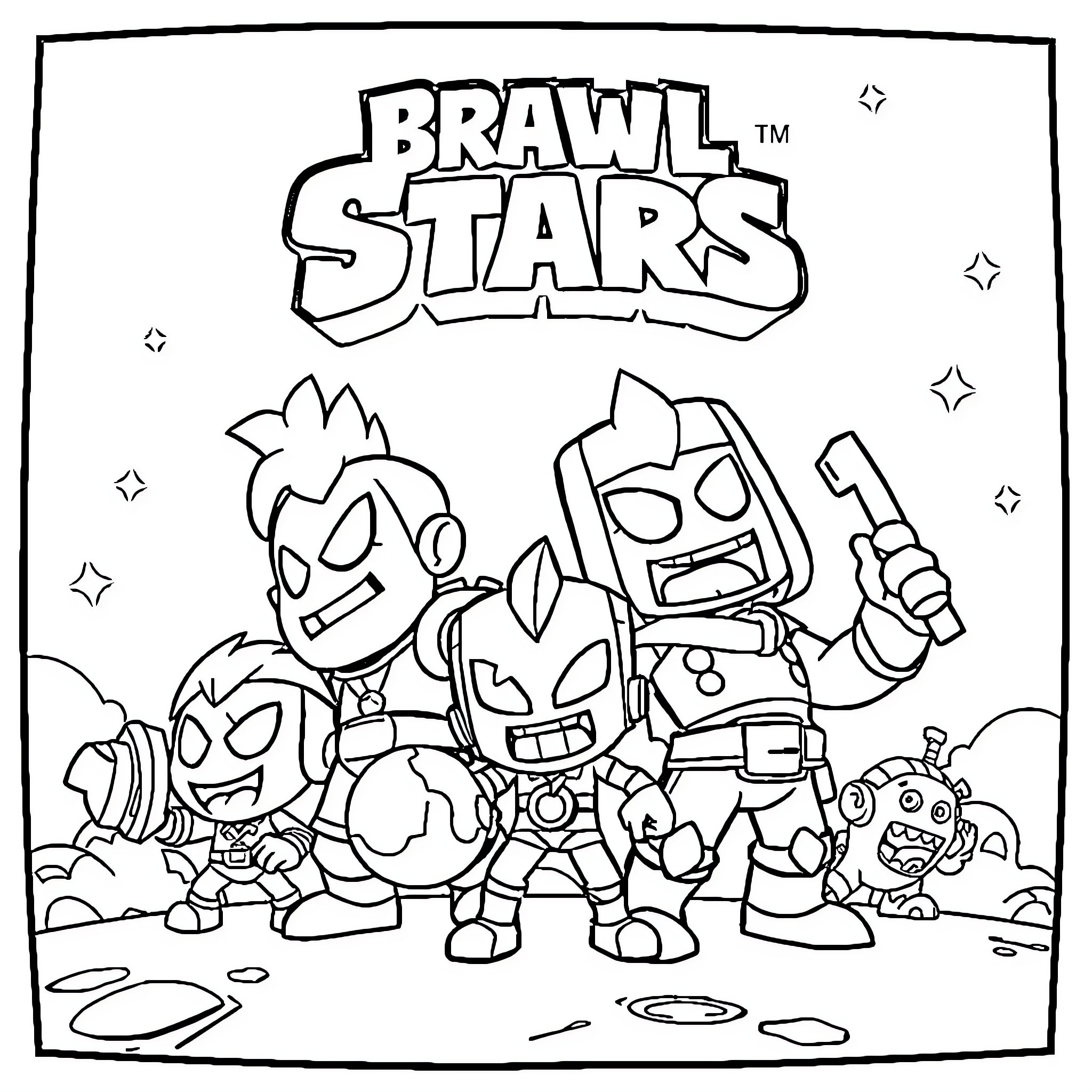 Brawl Stars: Characters in Heroic Poses Coloring Page (free black-and-white line drawing printable PDF for all, from beginners to advanced learners, including children, teens, adults, and seniors)