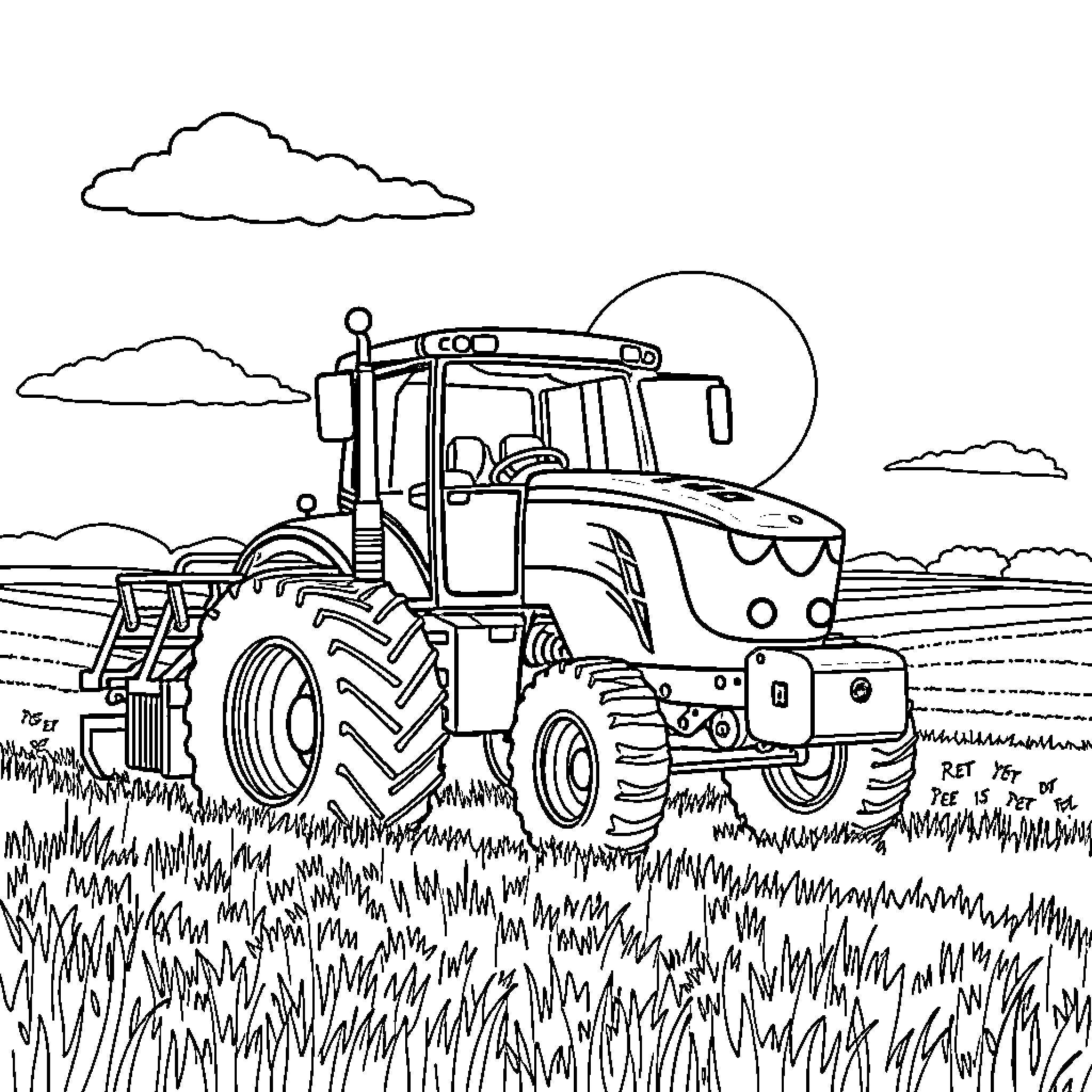 Tractor working diligently in the countryside Coloring Page (free black-and-white line drawing printable PDF for all, from beginners to advanced learners, including children, teens, adults, and seniors)