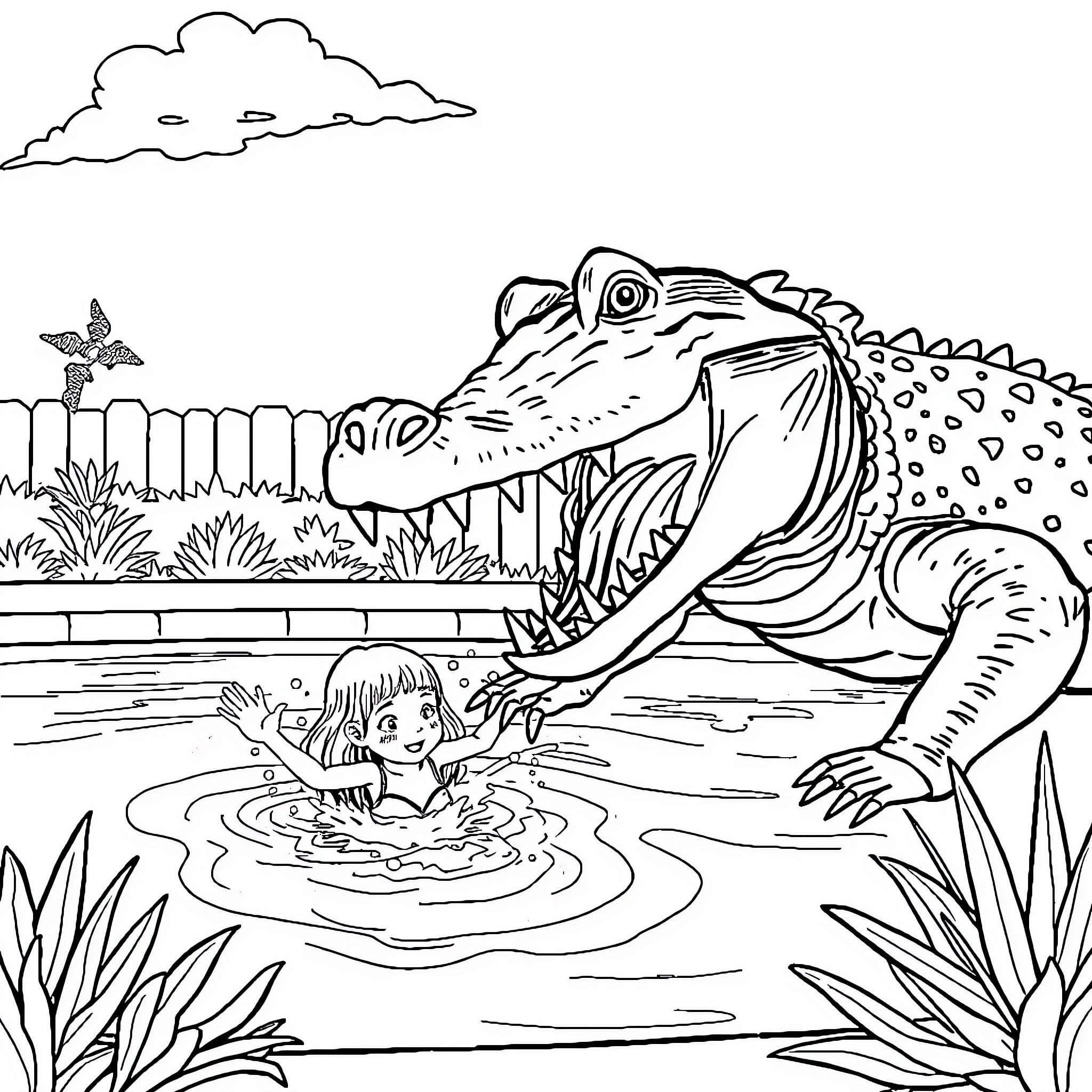 Gator chasing child in pond Coloring Page (free black-and-white line drawing printable PDF for all, from beginners to advanced learners, including children, teens, adults, and seniors)