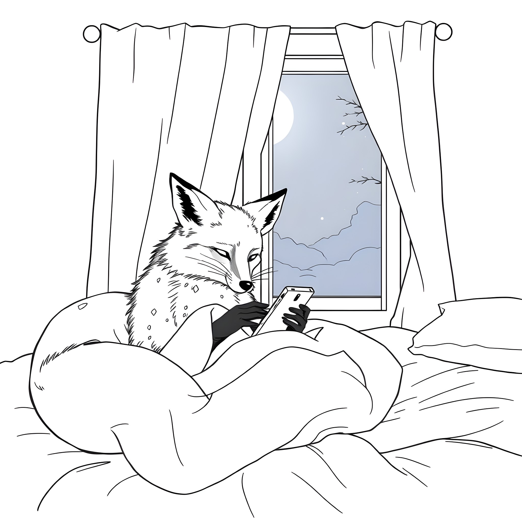 Fox relaxing with smartphone by the window Coloring Page (free black-and-white line drawing printable PDF for all, from beginners to advanced learners, including children, teens, adults, and seniors)