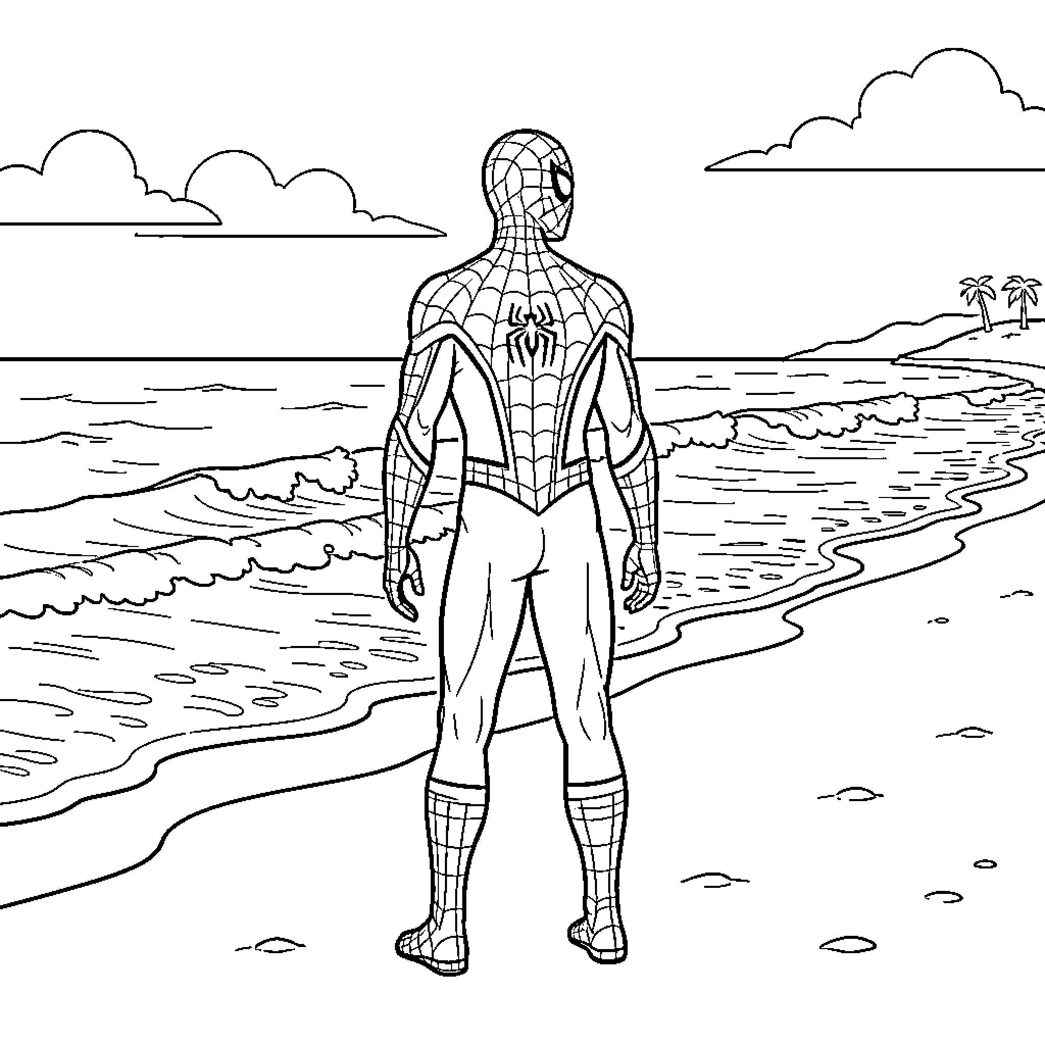 Spiderman standing alone on a sandy beach Coloring Page (free black-and-white line drawing printable PDF for all, from beginners to advanced learners, including children, teens, adults, and seniors)