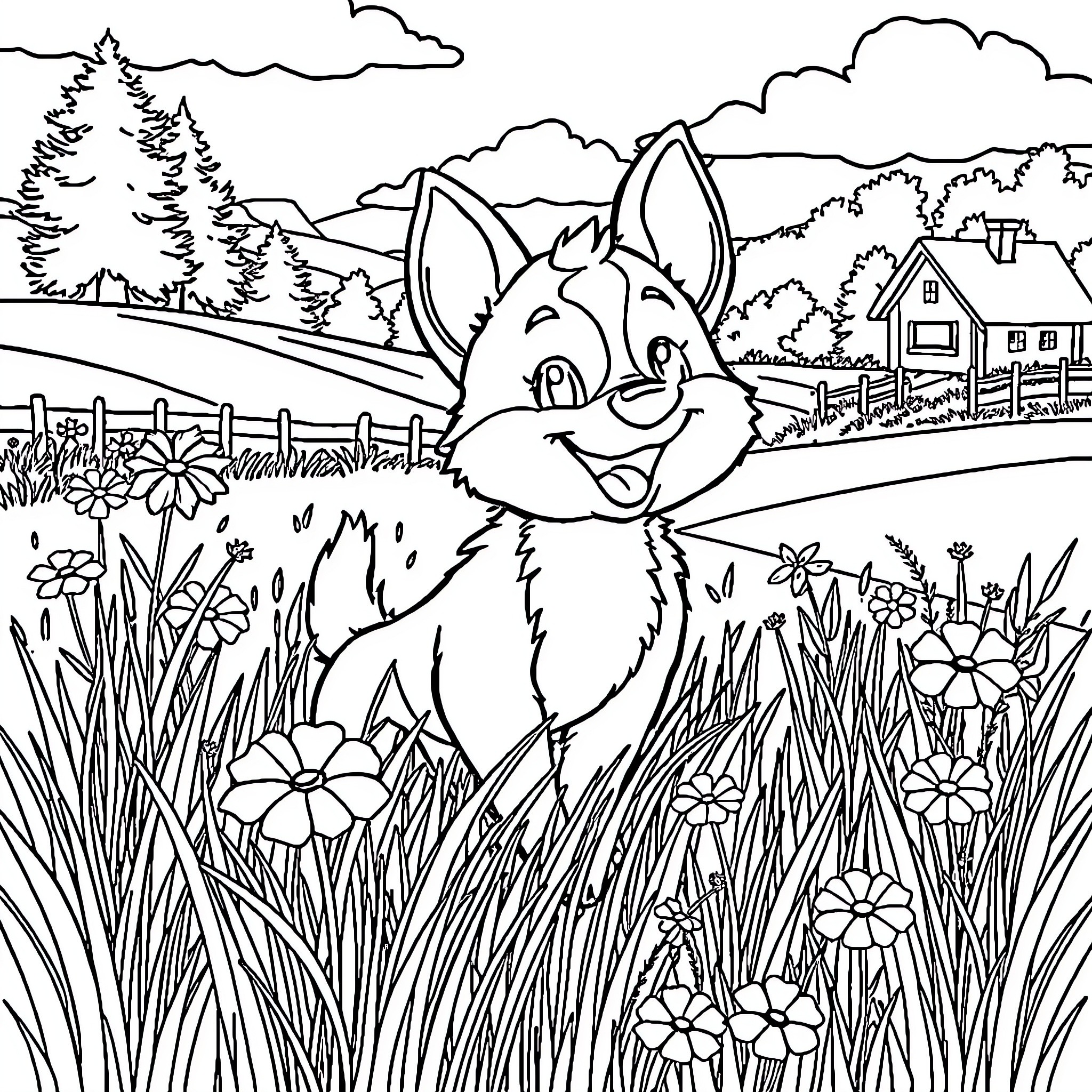 Bluey exploring the vibrant garden Coloring Page (free black-and-white line drawing printable PDF for all, from beginners to advanced learners, including children, teens, adults, and seniors)