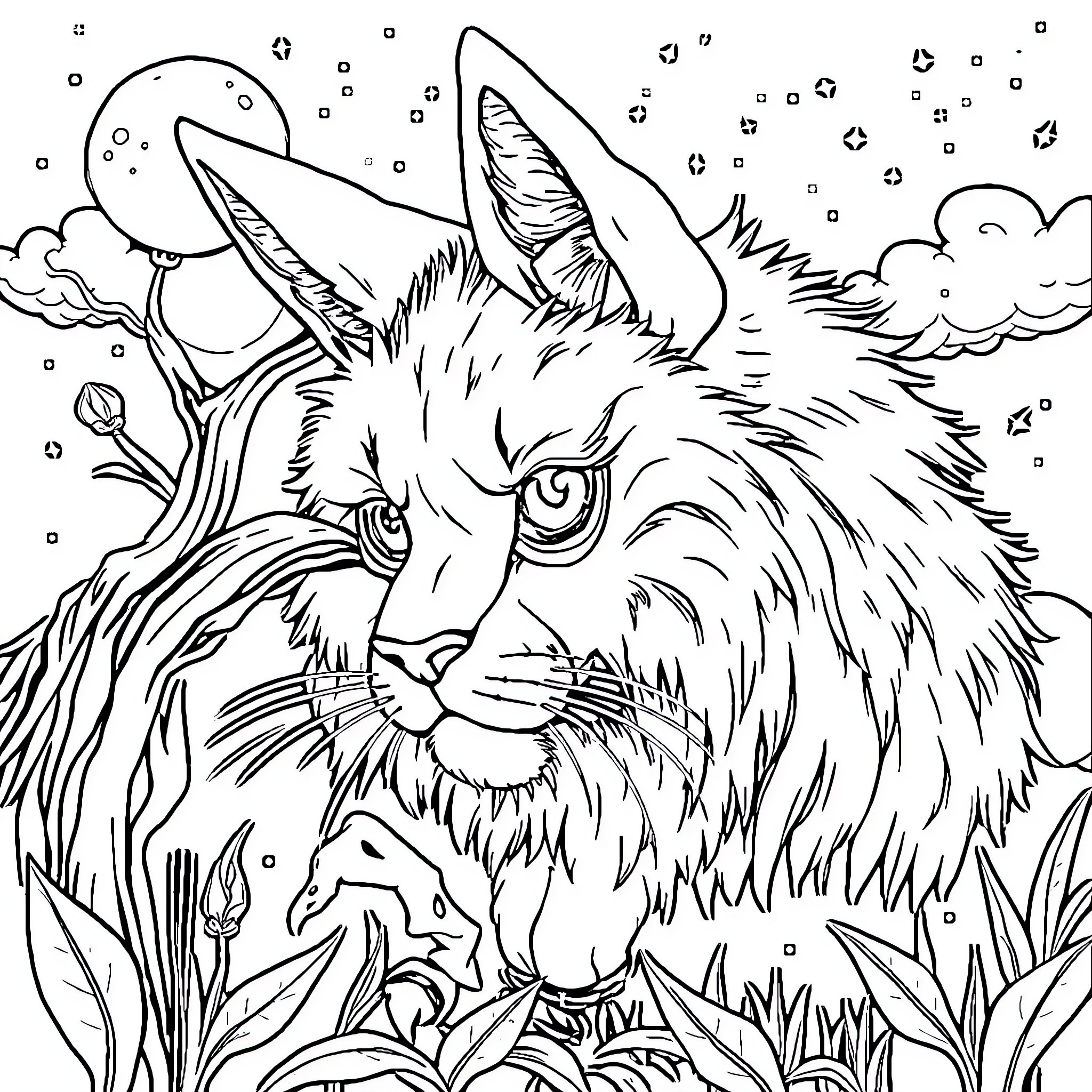 Unknown wolf in the forest with surrounding nature Coloring Page (free black-and-white line drawing printable PDF for all, from beginners to advanced learners, including children, teens, adults, and seniors)