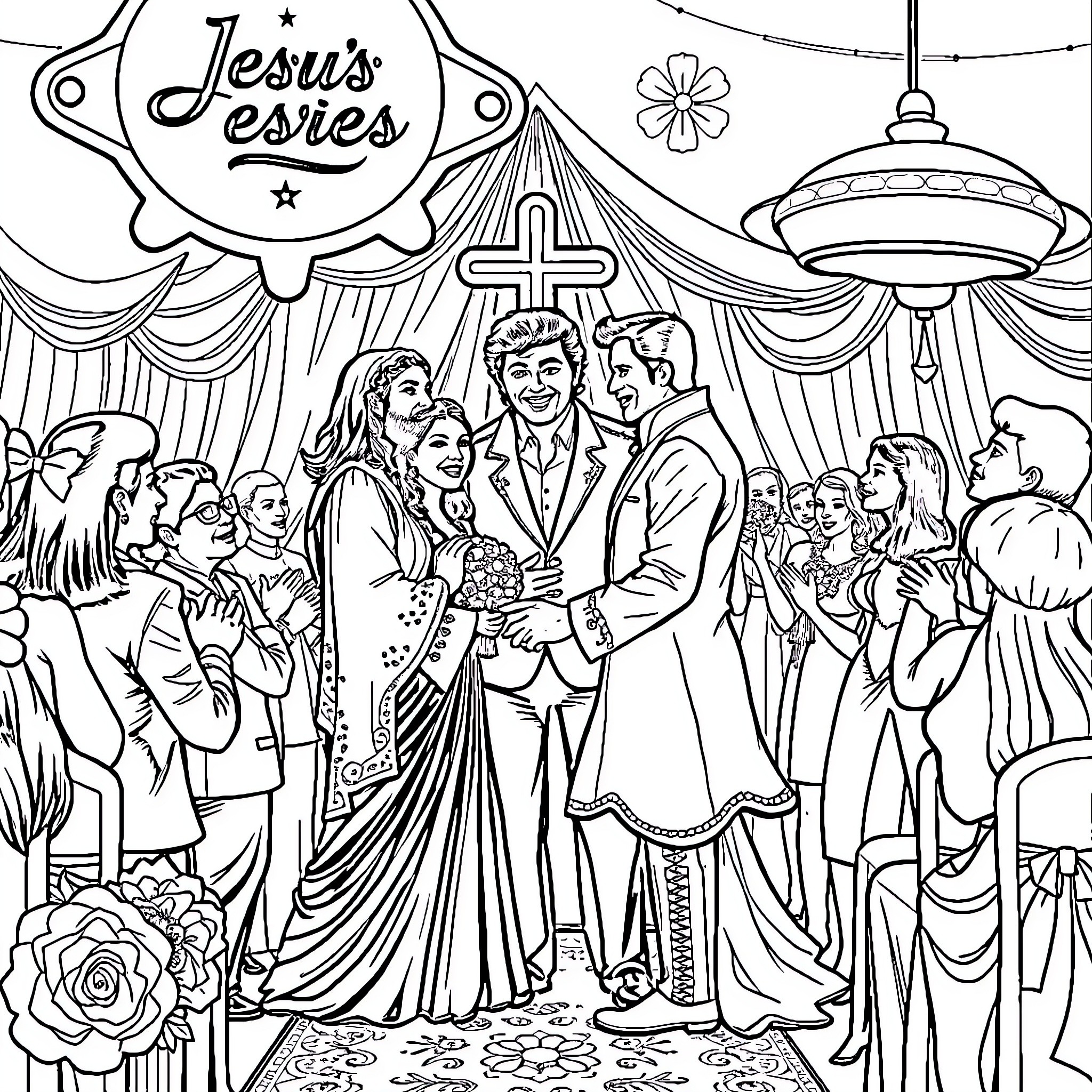 Jesus' Joyous Wedding Celebration with Guests Coloring Page (free black-and-white line drawing printable PDF for all, from beginners to advanced learners, including children, teens, adults, and seniors)