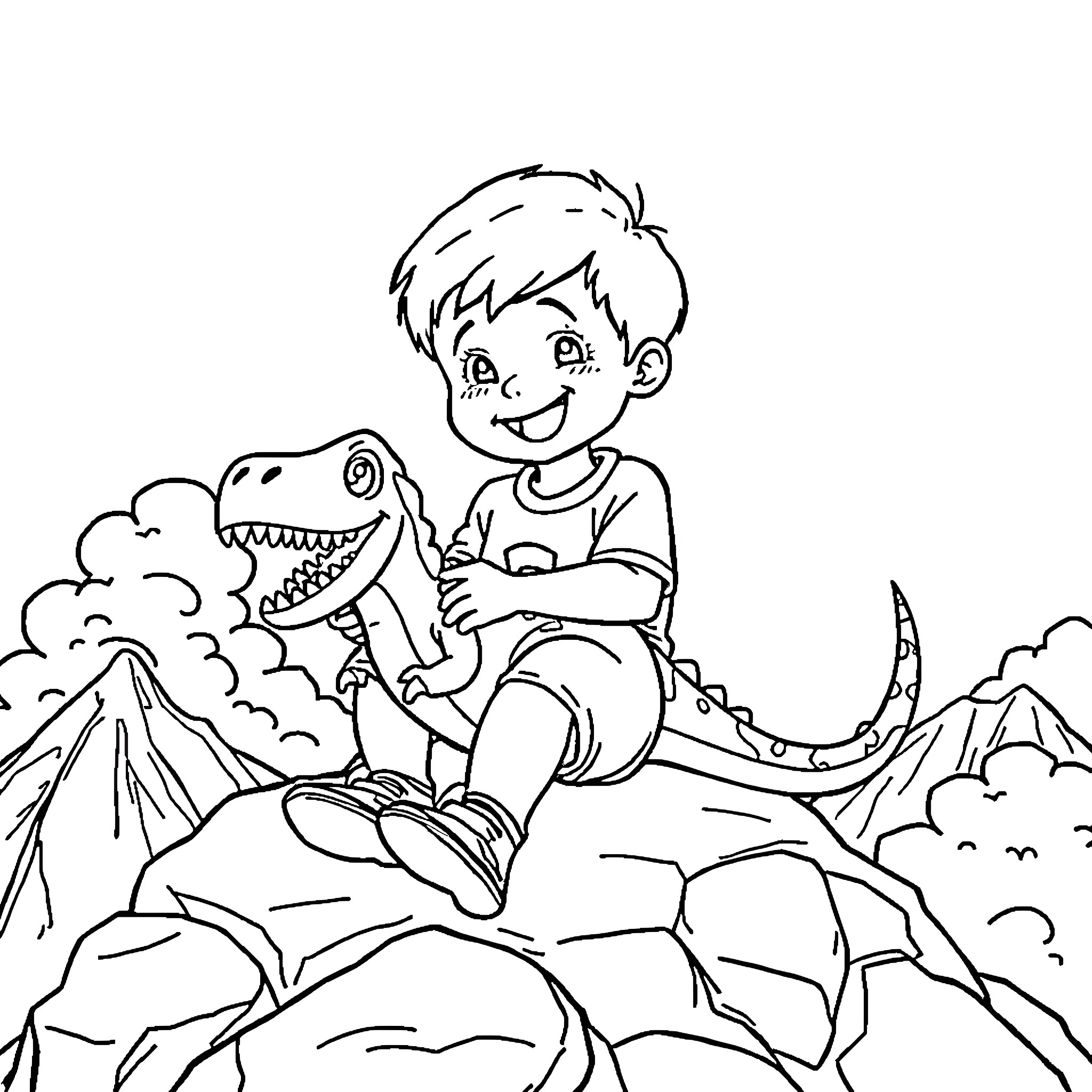 Kid playing with friendly dinosaur in mountain scene Coloring Page (free black-and-white line drawing printable PDF for all, from beginners to advanced learners, including children, teens, adults, and seniors)