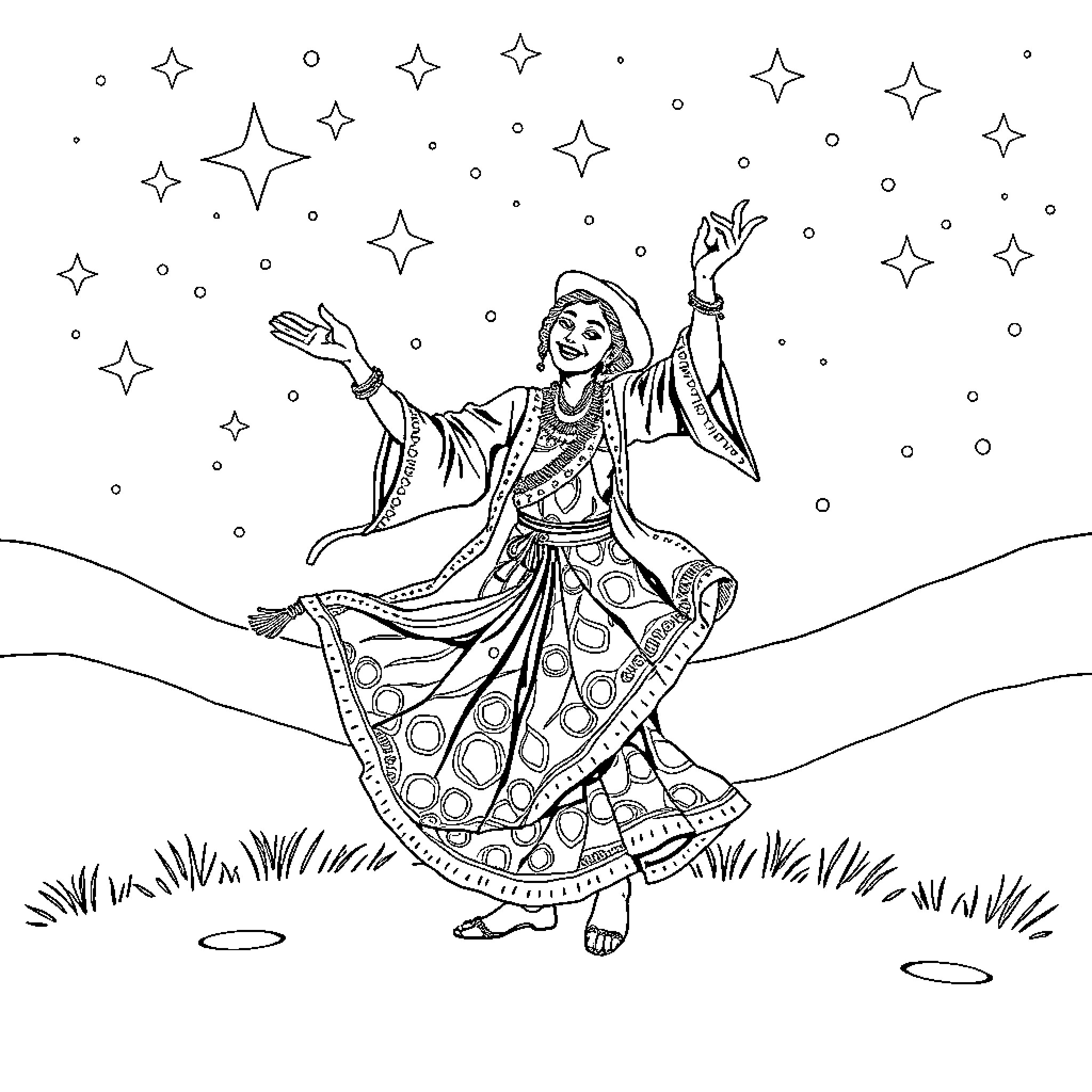 Gitan dancing amidst the starry night Coloring Page (free black-and-white line drawing printable PDF for all, from beginners to advanced learners, including children, teens, adults, and seniors)