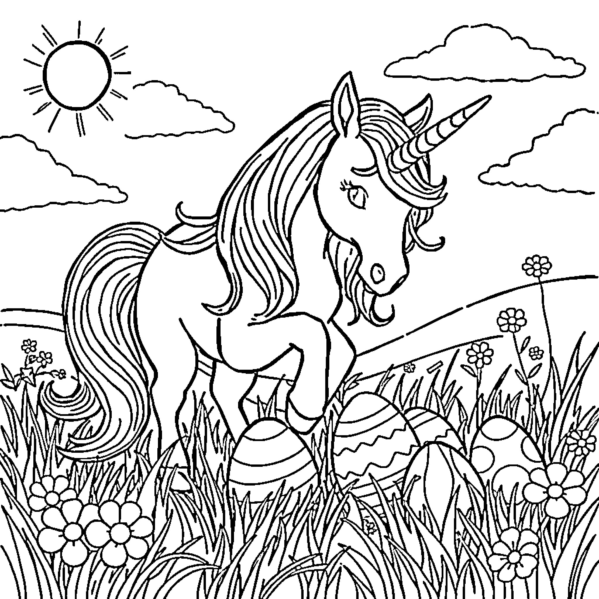Unicorn standing among flowers in a peaceful landscape Coloring Page (free black-and-white line drawing printable PDF for all, from beginners to advanced learners, including children, teens, adults, and seniors)
