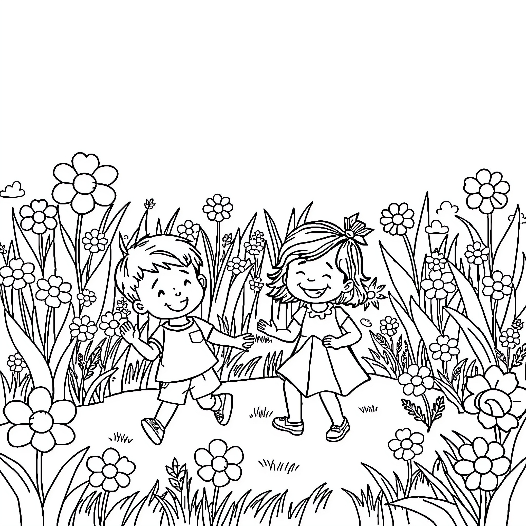 Kids playing happily in a flowery meadow Coloring Page (free black-and-white line drawing printable PDF for all, from beginners to advanced learners, including children, teens, adults, and seniors)