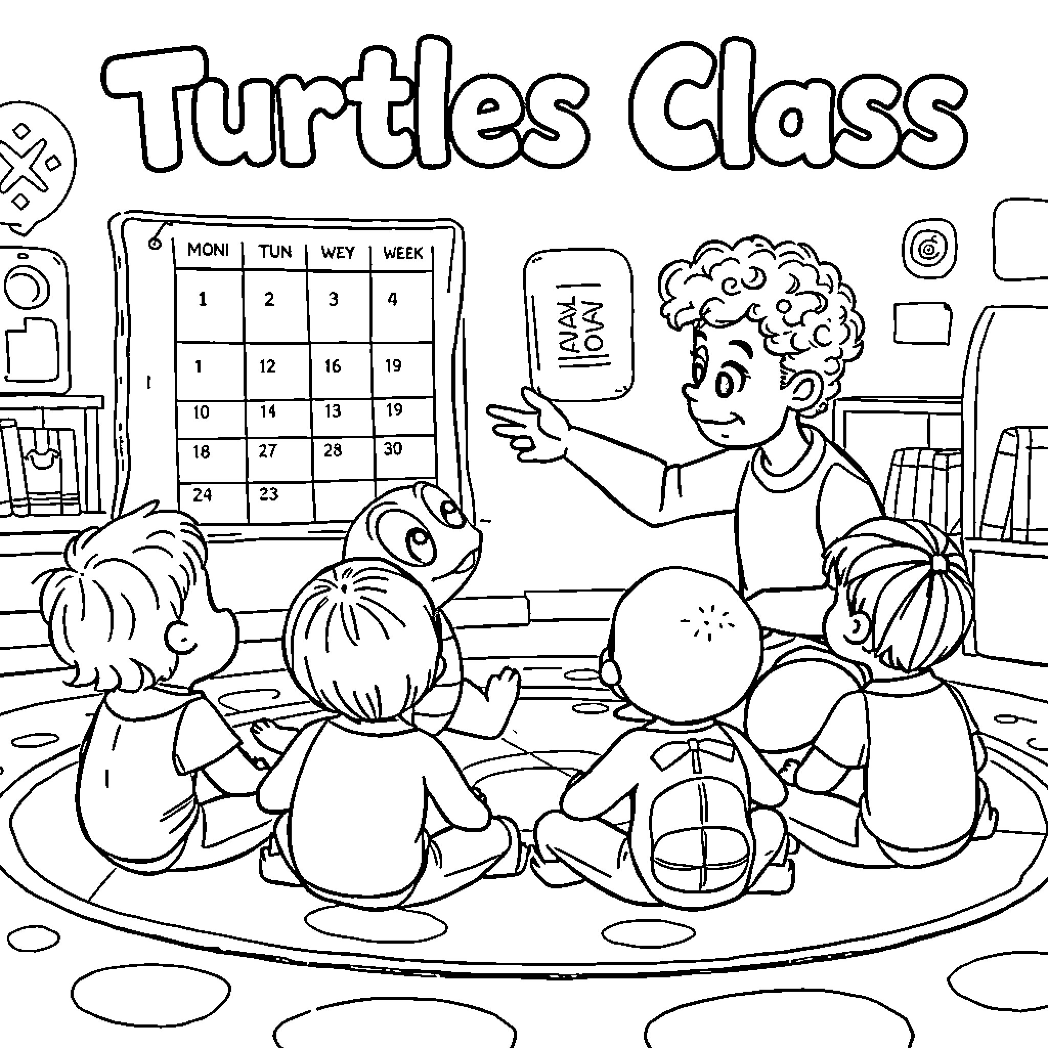 Bluey's Turtle Class Adventure Coloring Page (free black-and-white line drawing printable PDF for all, from beginners to advanced learners, including children, teens, adults, and seniors)