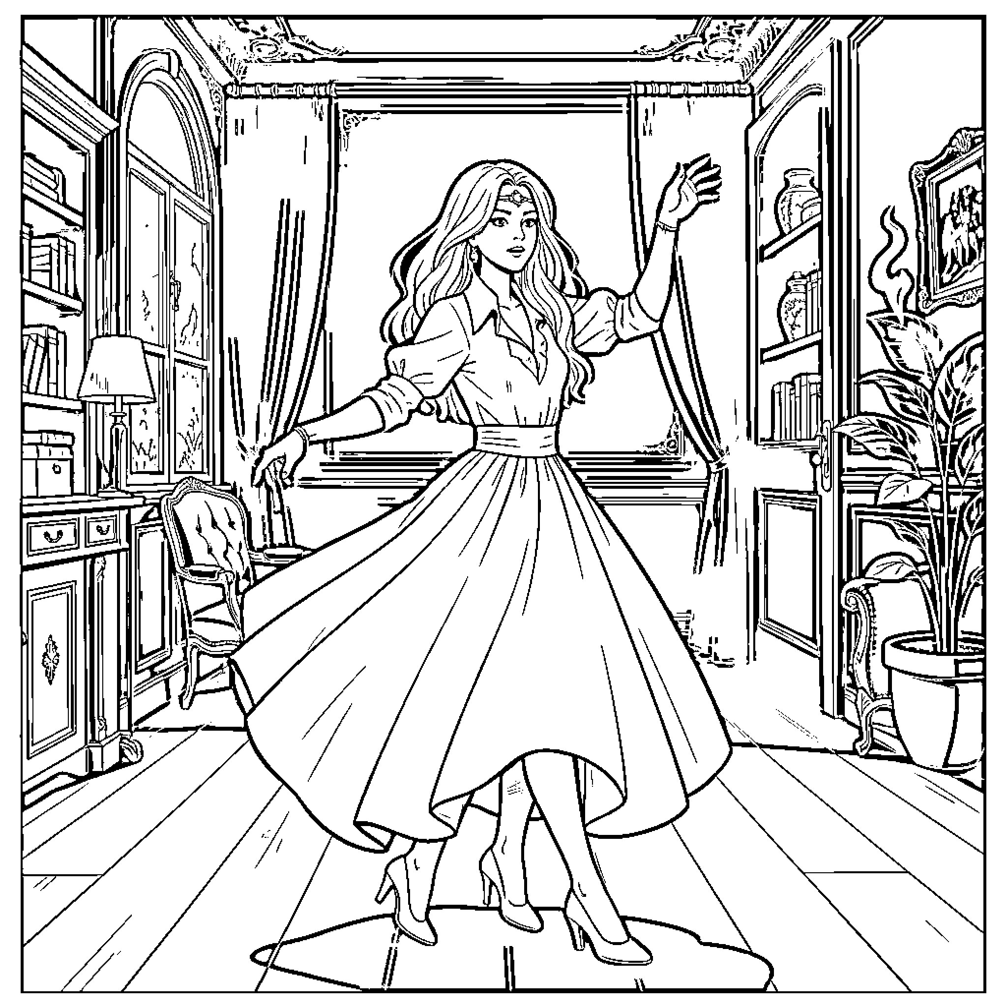 Wednesday Adams dancing gracefully in a vintage room Coloring Page (free black-and-white line drawing printable PDF for all, from beginners to advanced learners, including children, teens, adults, and seniors)
