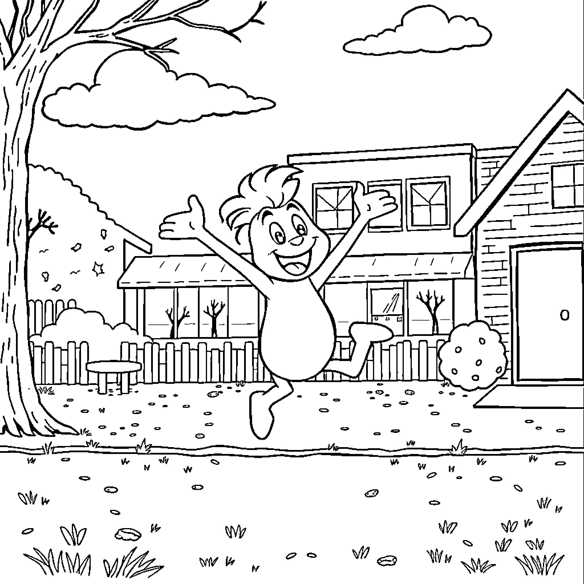 Springy character bouncing joyfully in a scenic outdoors setting Coloring Page (free black-and-white line drawing printable PDF for all, from beginners to advanced learners, including children, teens, adults, and seniors)