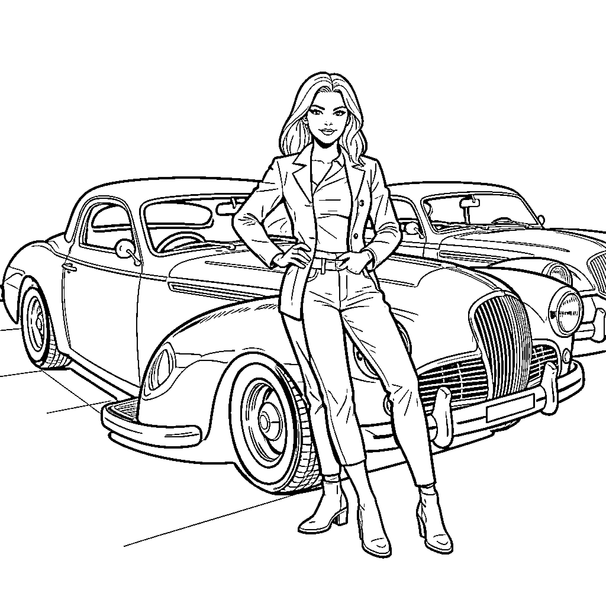 Woman in a professional suit posing by classic cars Coloring Page (free black-and-white line drawing printable PDF for all, from beginners to advanced learners, including children, teens, adults, and seniors)