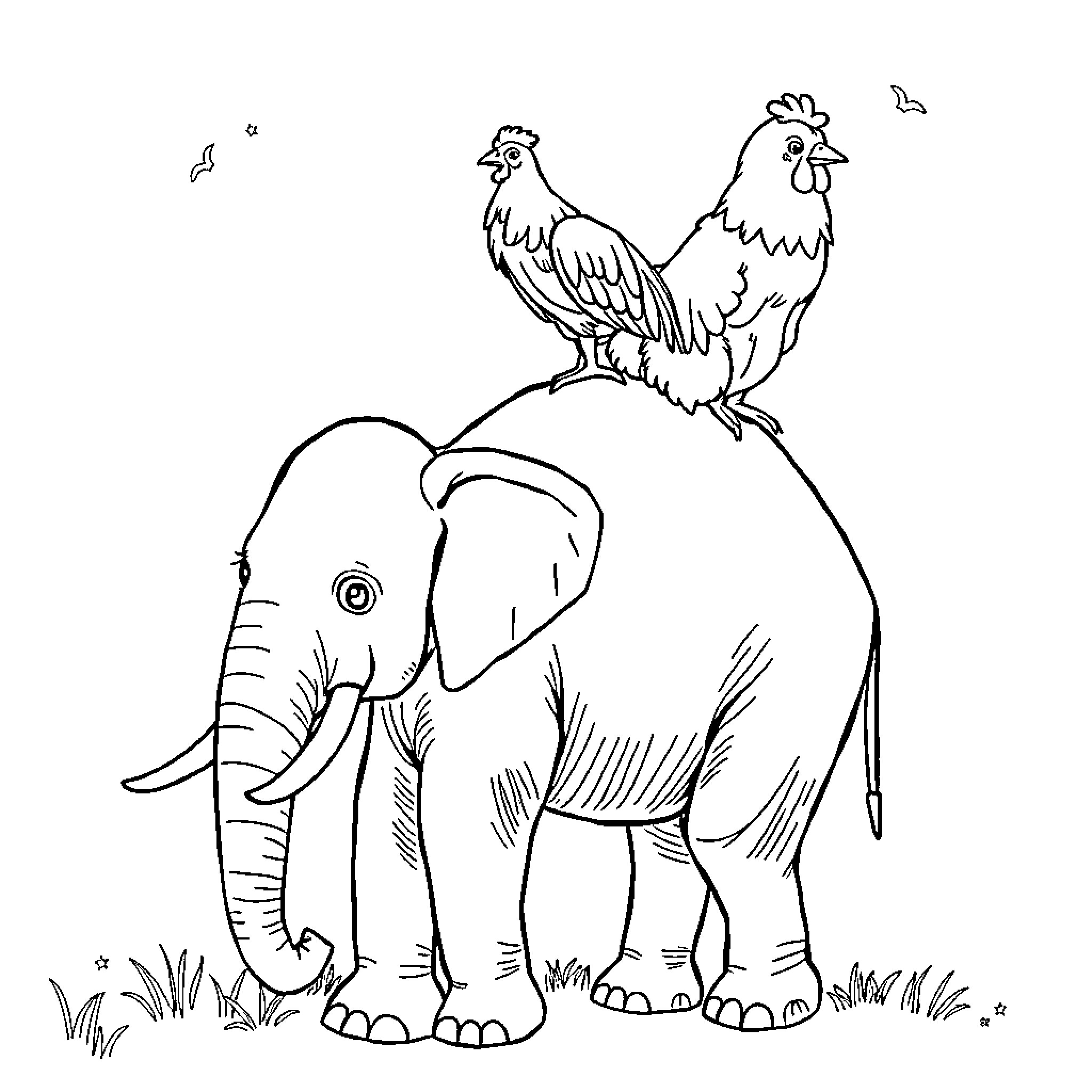 Chicken and Elephant Playing in the Meadow Coloring Page (free black-and-white line drawing printable PDF for all, from beginners to advanced learners, including children, teens, adults, and seniors)