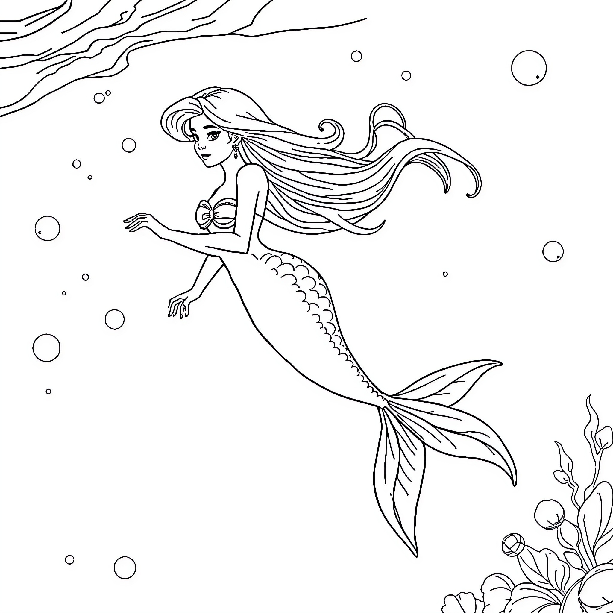 Mermaid swimming gracefully in the underwater scene Coloring Page (free black-and-white line drawing printable PDF for all, from beginners to advanced learners, including children, teens, adults, and seniors)
