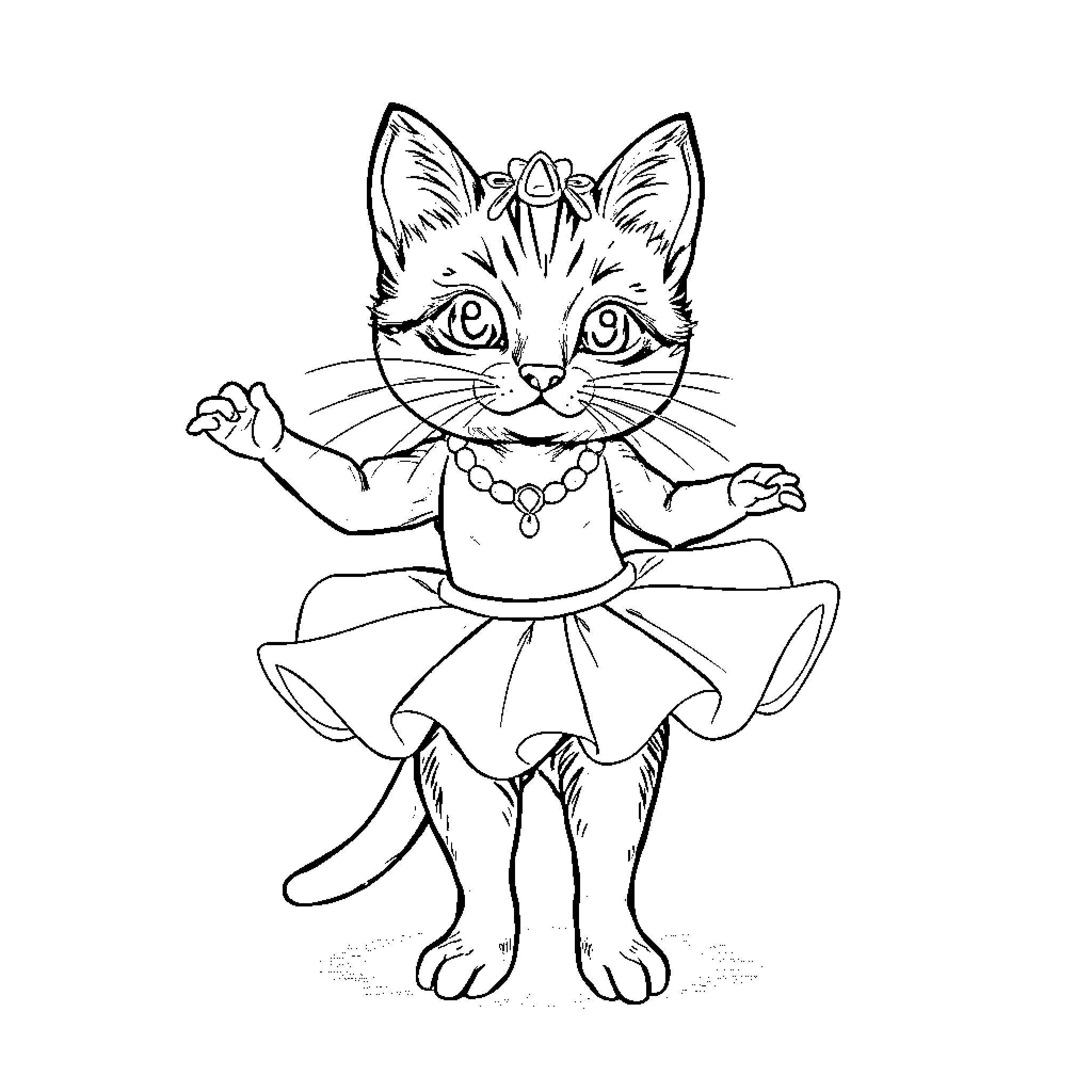 Cat dressed as a ballerina Coloring Page (free black-and-white line drawing printable PDF for all, from beginners to advanced learners, including children, teens, adults, and seniors)