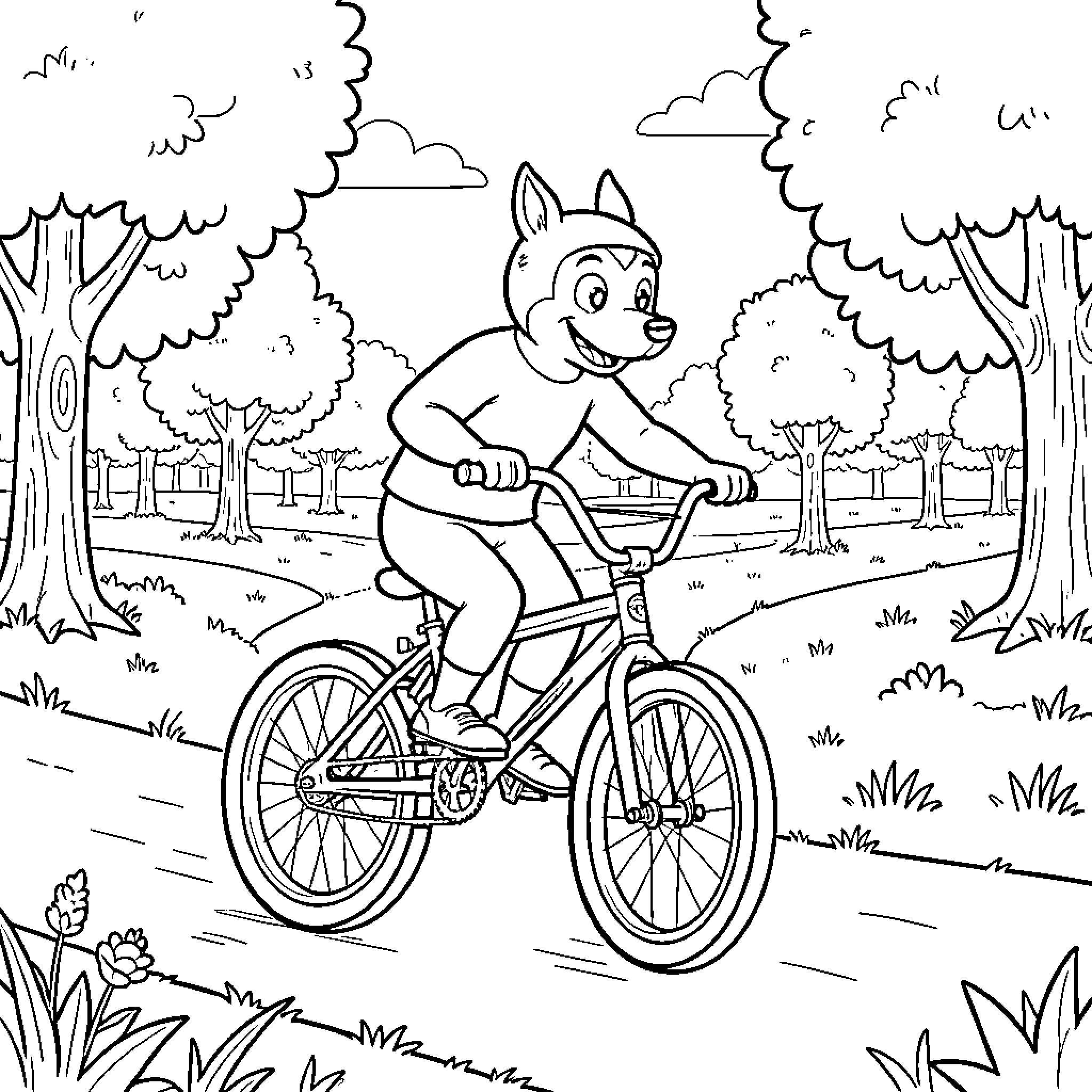 Pongo rides bicycle through the forest Coloring Page (free black-and-white line drawing printable PDF for all, from beginners to advanced learners, including children, teens, adults, and seniors)