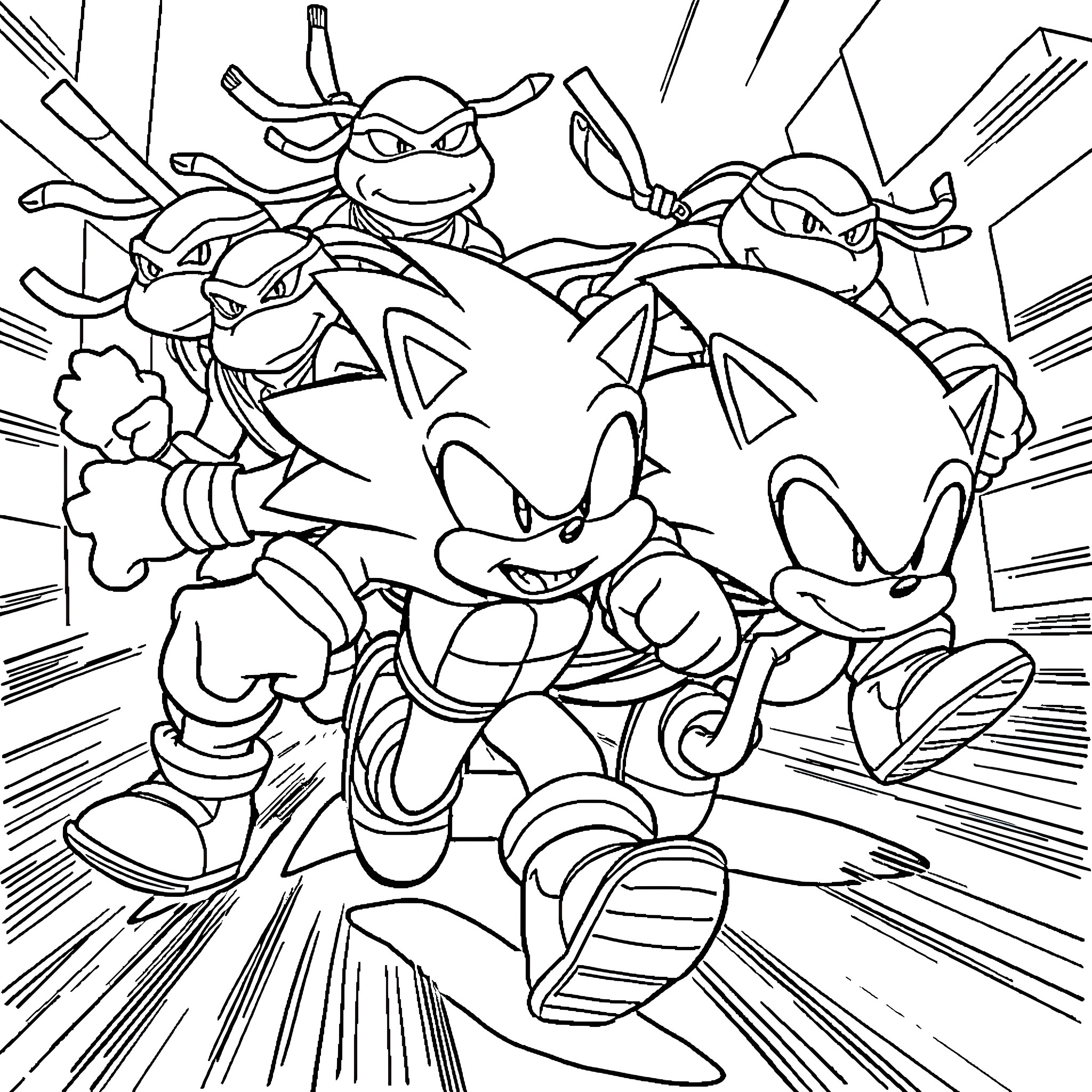 Ninja Turtle Heroes Battling in Action Coloring Page (free black-and-white line drawing printable PDF for all, from beginners to advanced learners, including children, teens, adults, and seniors)