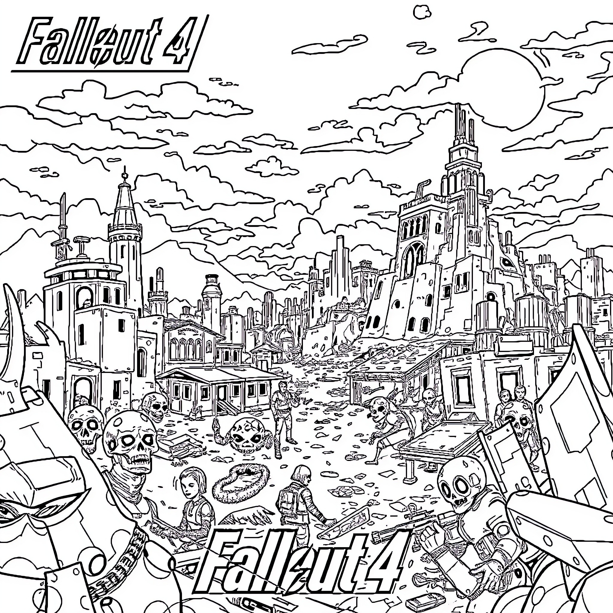 Fallout: Apocalyptic cityscape with ruins and debris Coloring Page (free black-and-white line drawing printable PDF for all, from beginners to advanced learners, including children, teens, adults, and seniors)