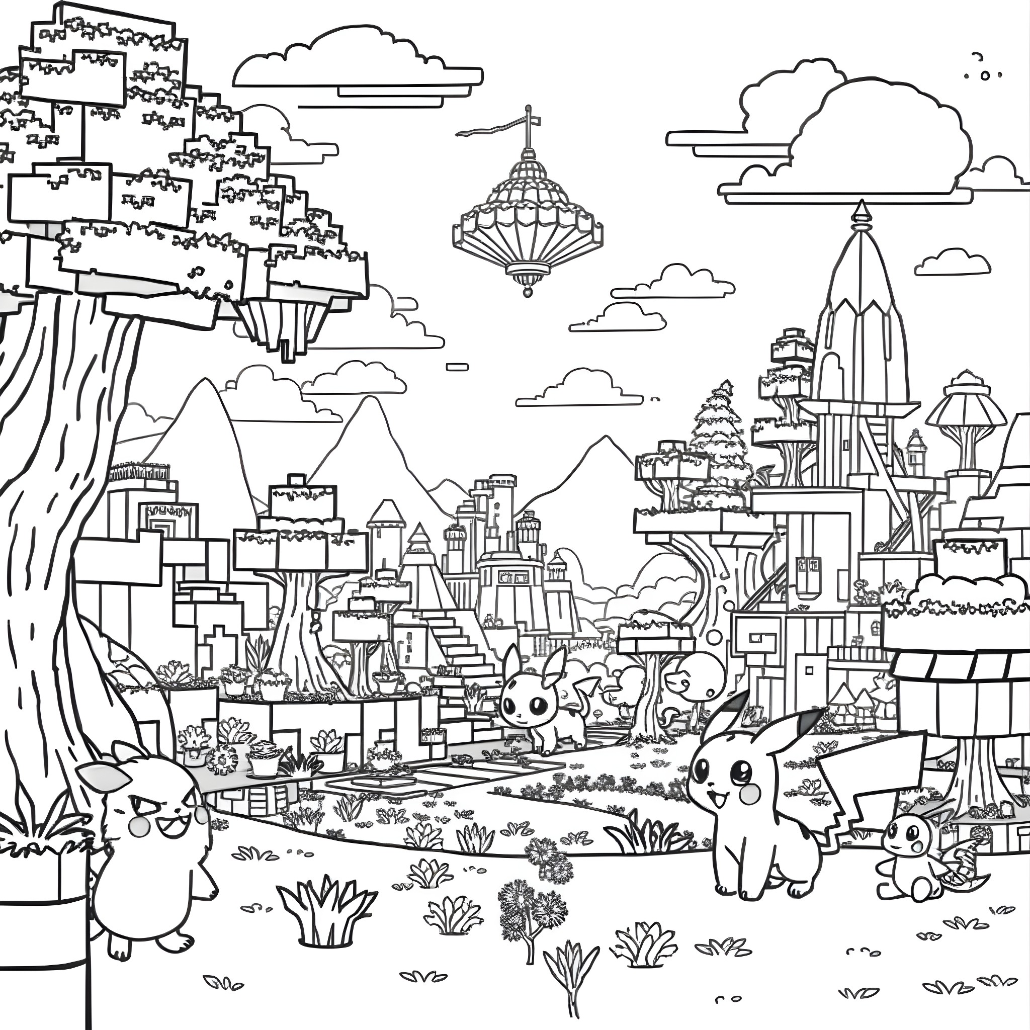 Pokémon characters exploring a fantastical landscape Coloring Page (free black-and-white line drawing printable PDF for all, from beginners to advanced learners, including children, teens, adults, and seniors)