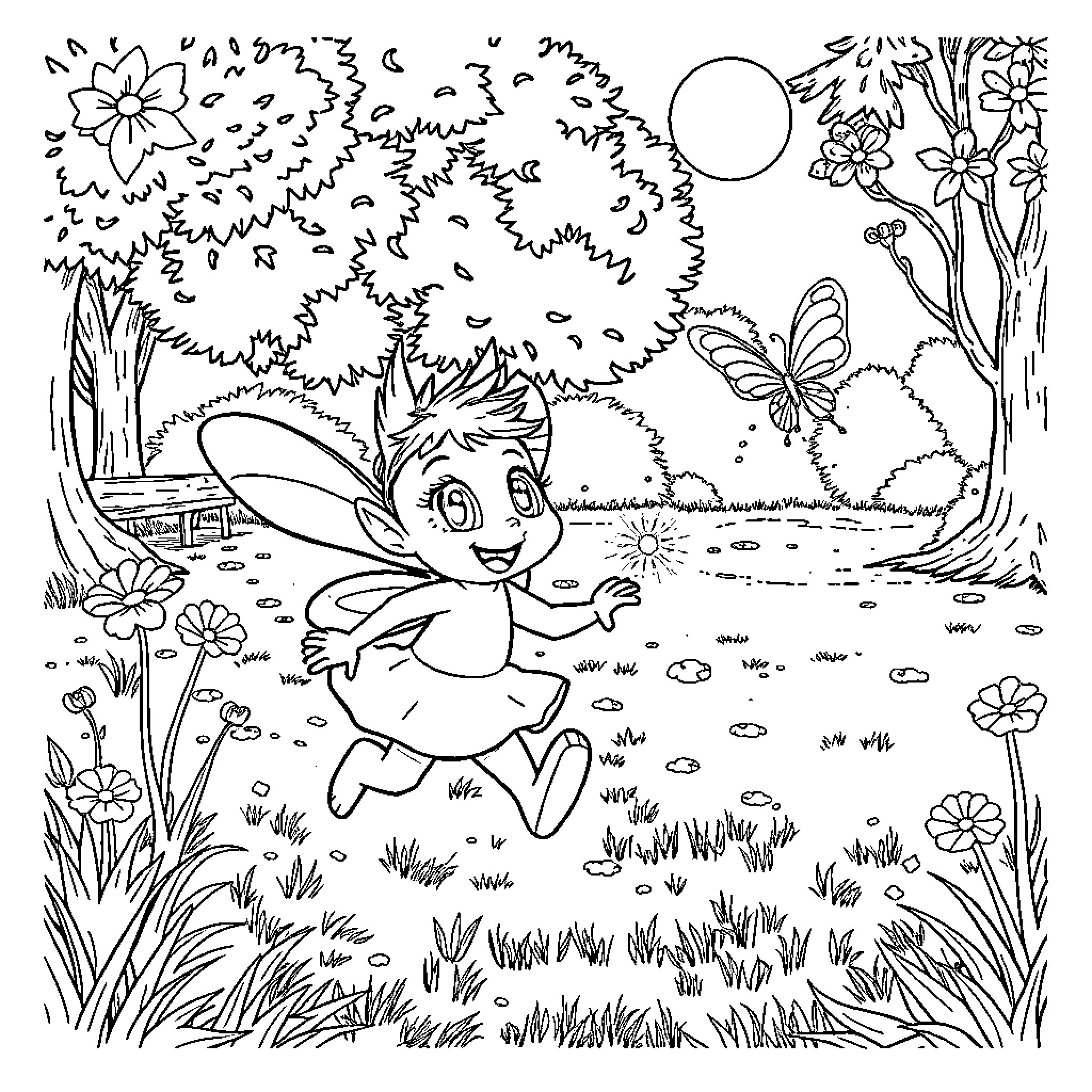 Bluey's Magical Meadow Adventure Coloring Page (free black-and-white line drawing printable PDF for all, from beginners to advanced learners, including children, teens, adults, and seniors)