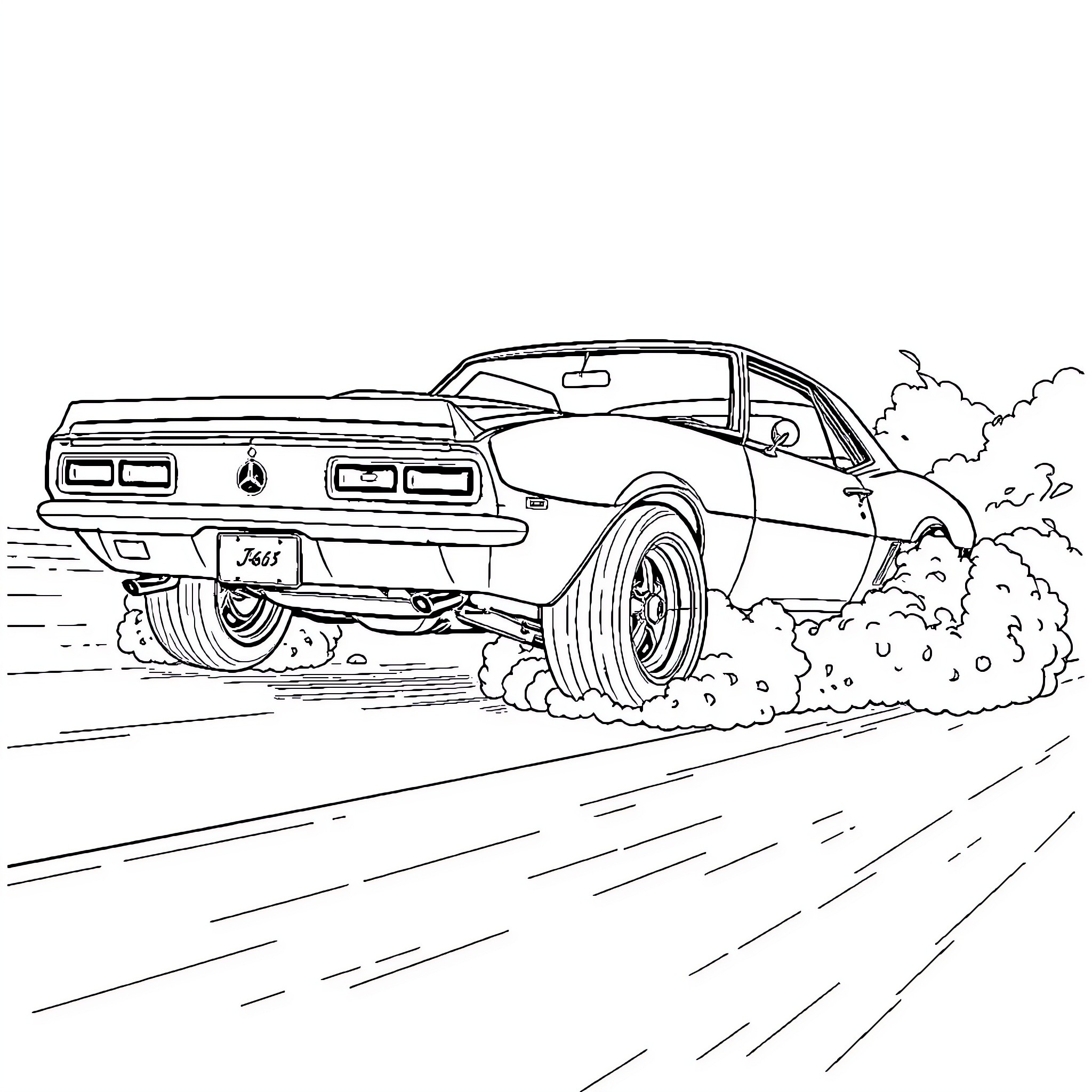 Camaro racing through the countryside Coloring Page (free black-and-white line drawing printable PDF for all, from beginners to advanced learners, including children, teens, adults, and seniors)