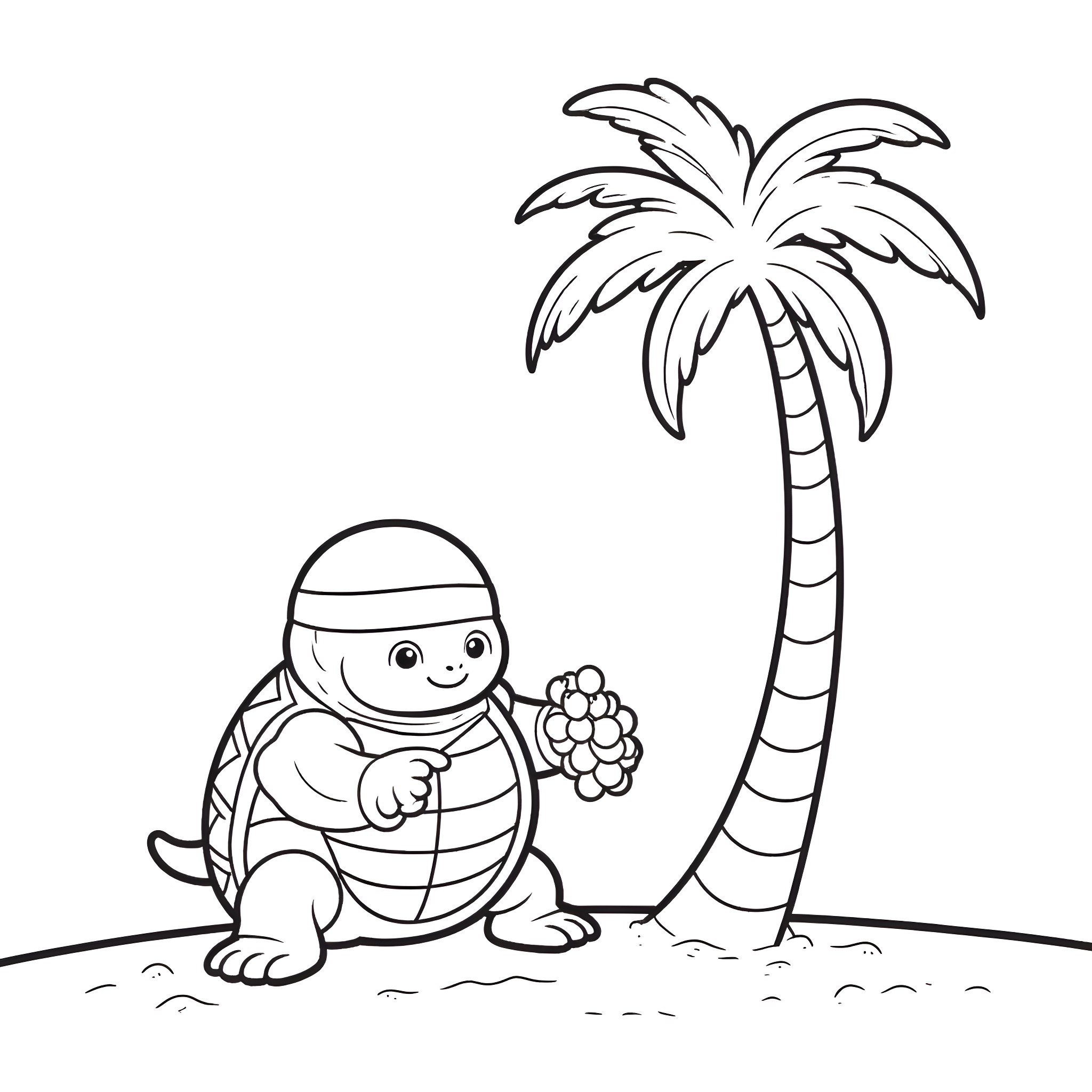 Ninja Turtle collecting flowers under a palm tree Coloring Page (free black-and-white line drawing printable PDF for all, from beginners to advanced learners, including children, teens, adults, and seniors)