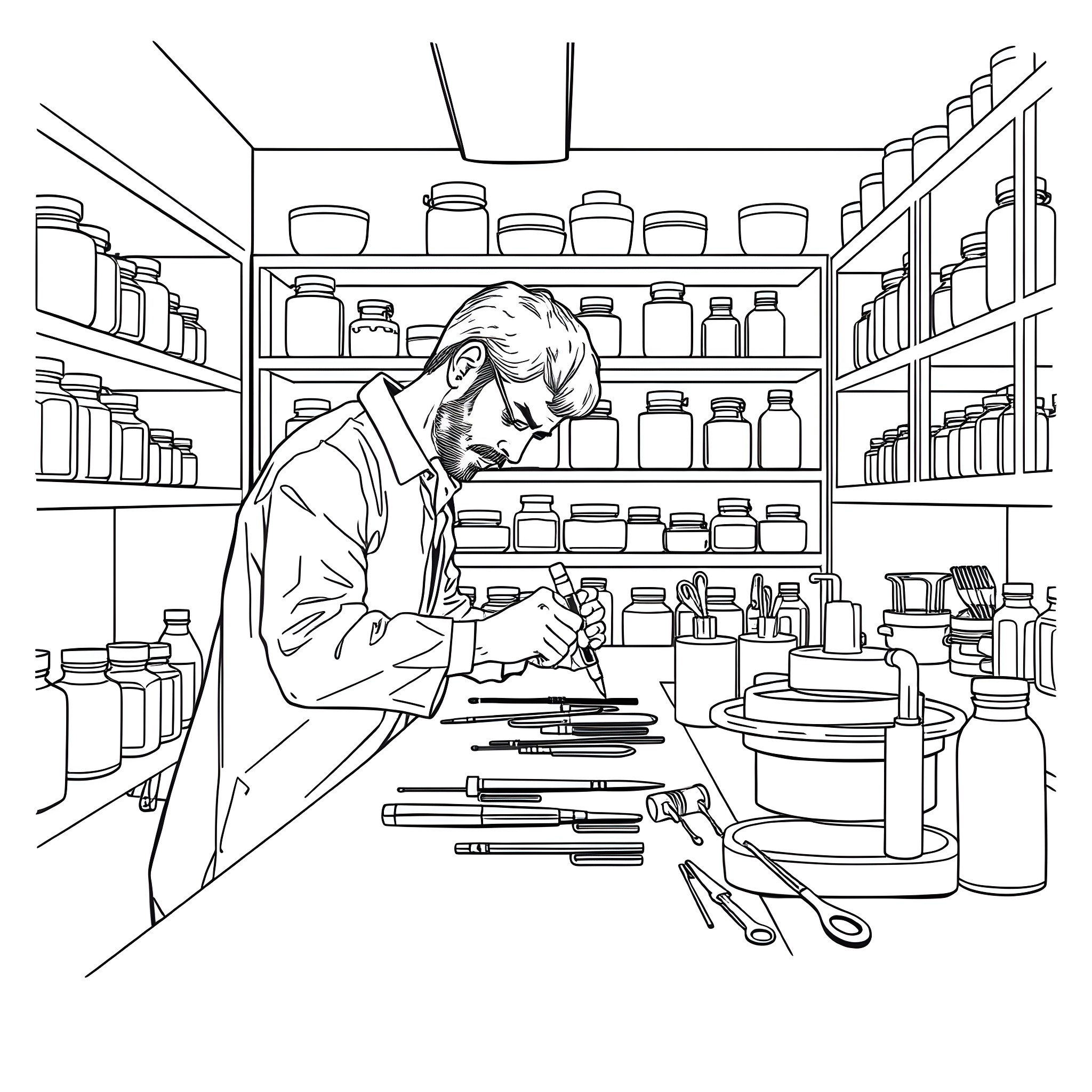 Embalmer working diligently in the mortuary Coloring Page (free black-and-white line drawing printable PDF for all, from beginners to advanced learners, including children, teens, adults, and seniors)