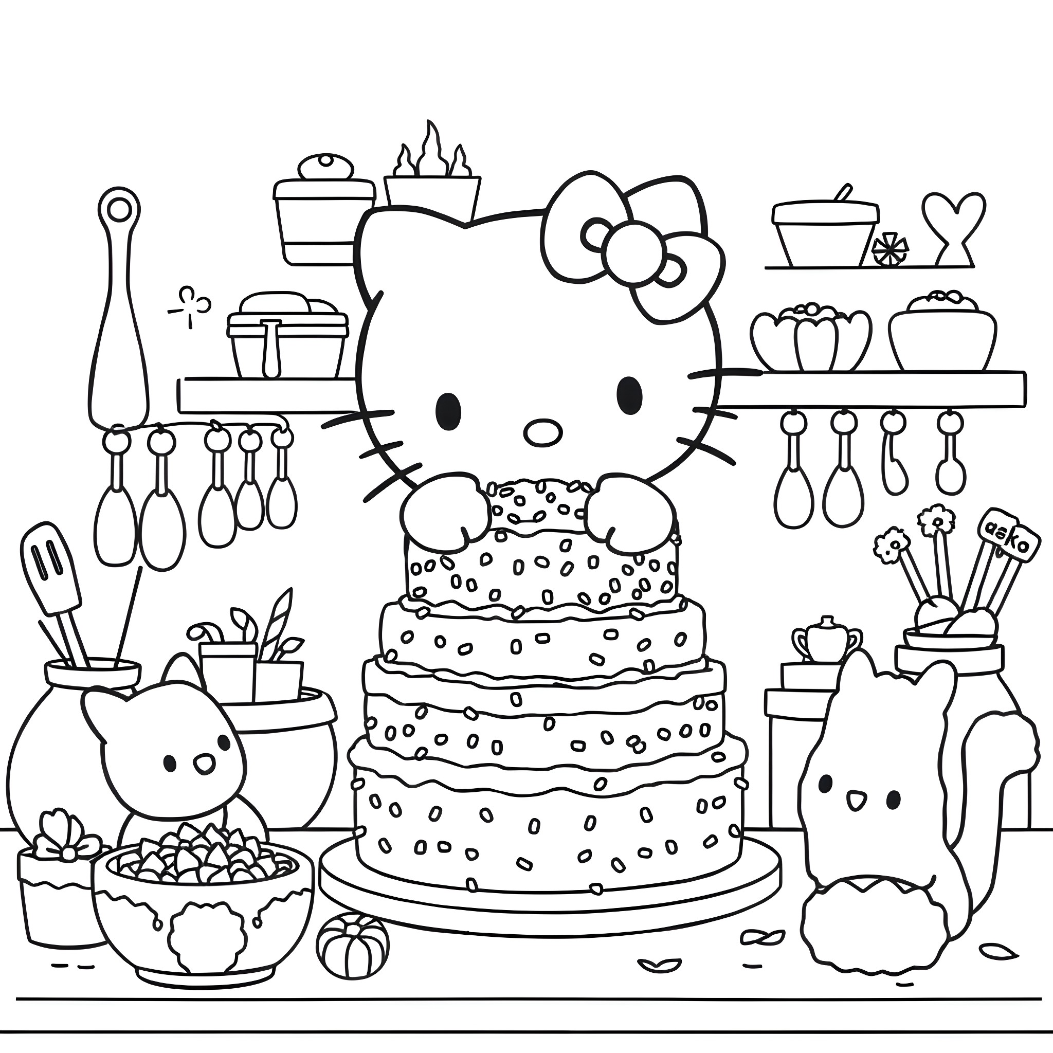 Hello Kitty's Delightful Kitchen Adventure Coloring Page (free black-and-white line drawing printable PDF for all, from beginners to advanced learners, including children, teens, adults, and seniors)
