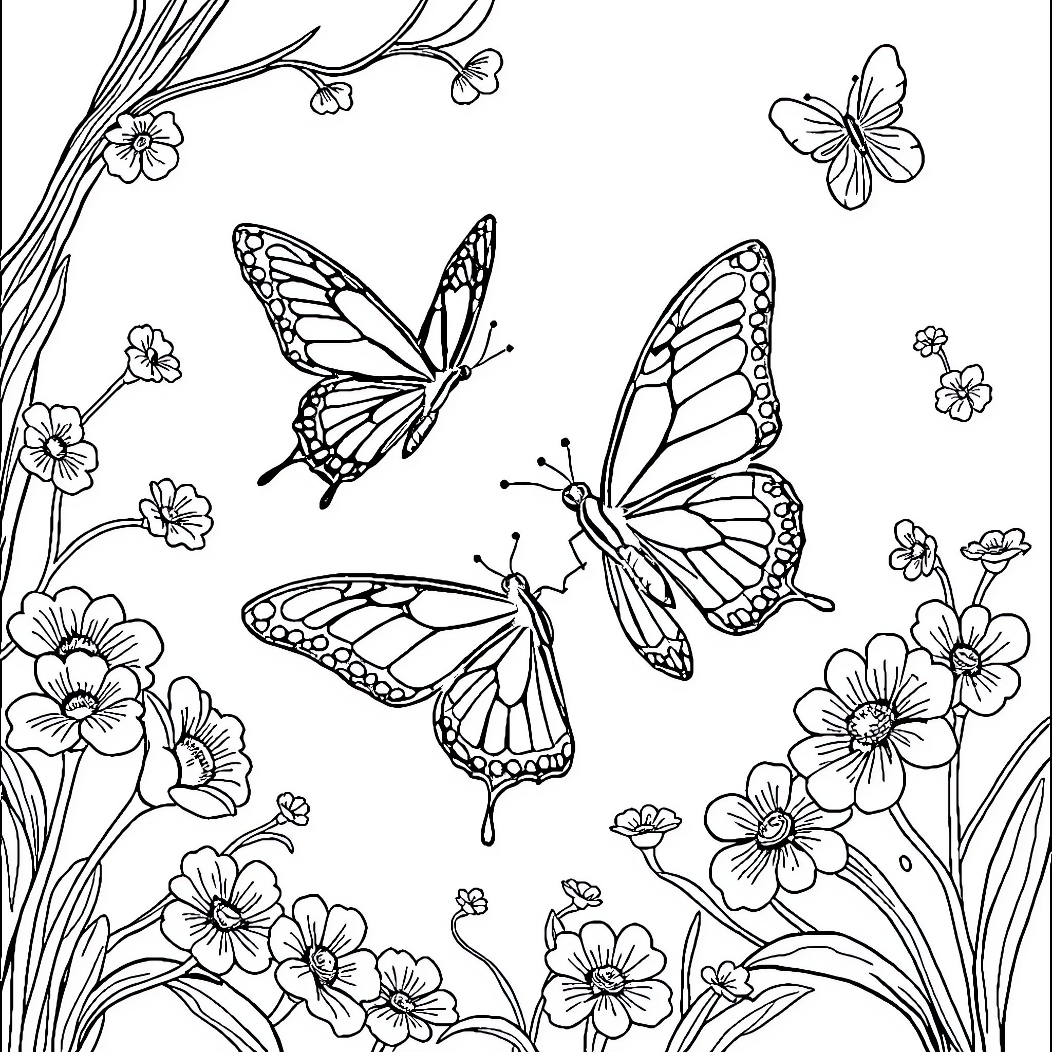 Butterfly Garden with Flowers and Butterflies Coloring Page (free black-and-white line drawing printable PDF for all, from beginners to advanced learners, including children, teens, adults, and seniors)