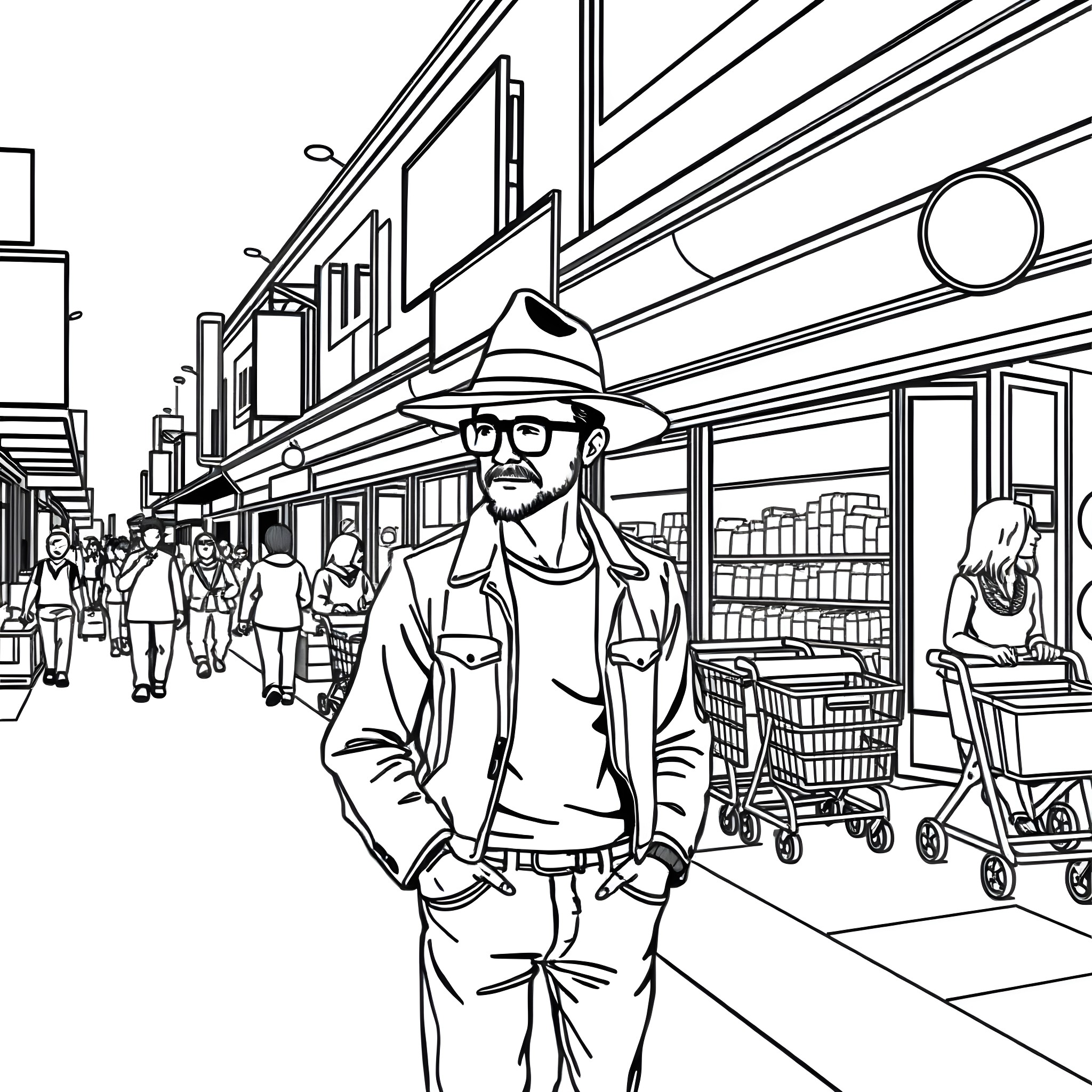 Man in hat and glasses exploring a crowded city street Coloring Page (free black-and-white line drawing printable PDF for all, from beginners to advanced learners, including children, teens, adults, and seniors)