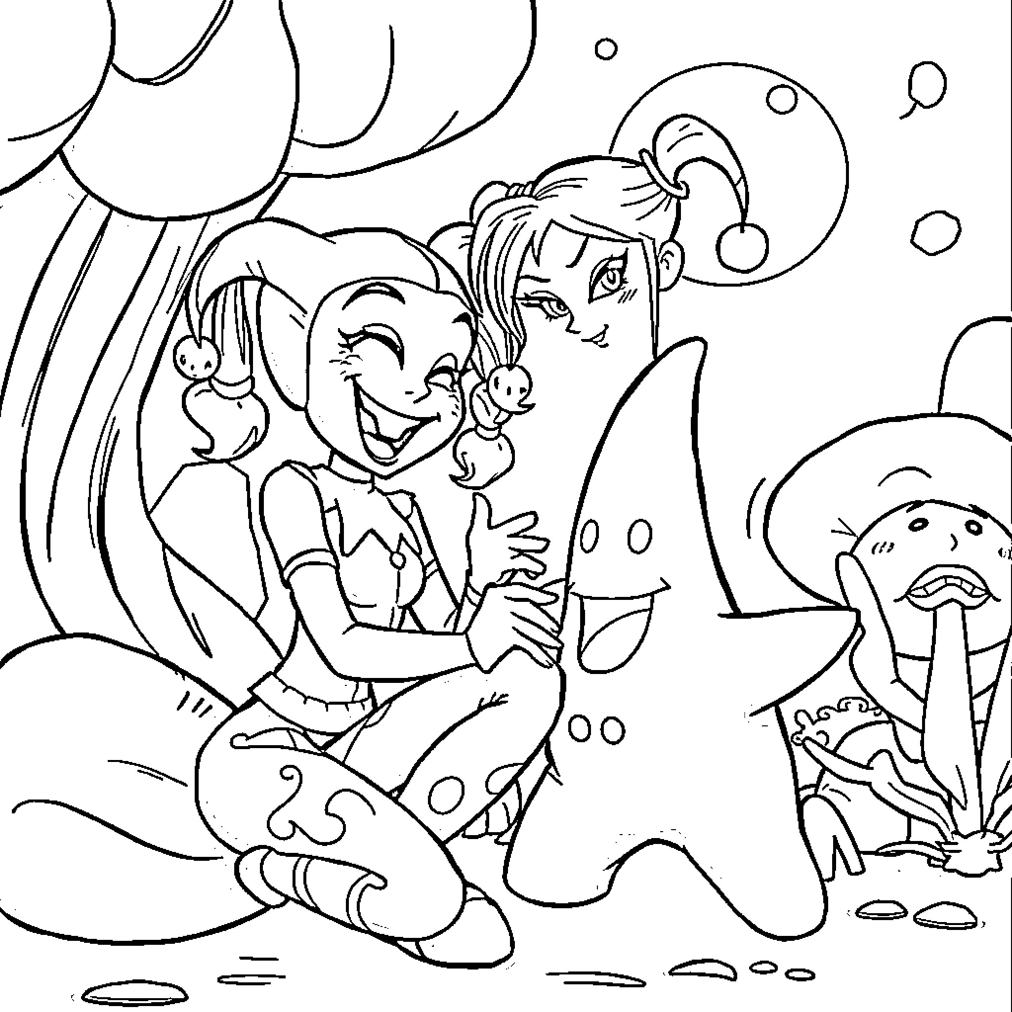 Harley Quinn's Fantastical Adventure Coloring Page (free black-and-white line drawing printable PDF for all, from beginners to advanced learners, including children, teens, adults, and seniors)