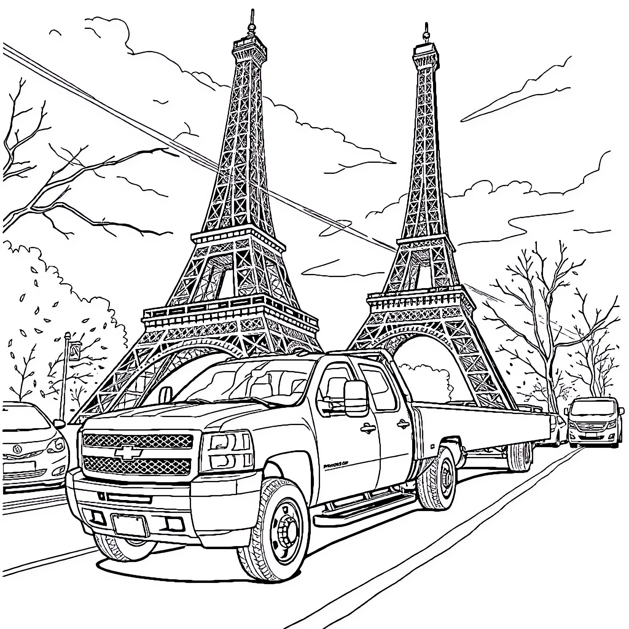 Silverado trucks in the streets of Paris Coloring Page (free black-and-white line drawing printable PDF for all, from beginners to advanced learners, including children, teens, adults, and seniors)