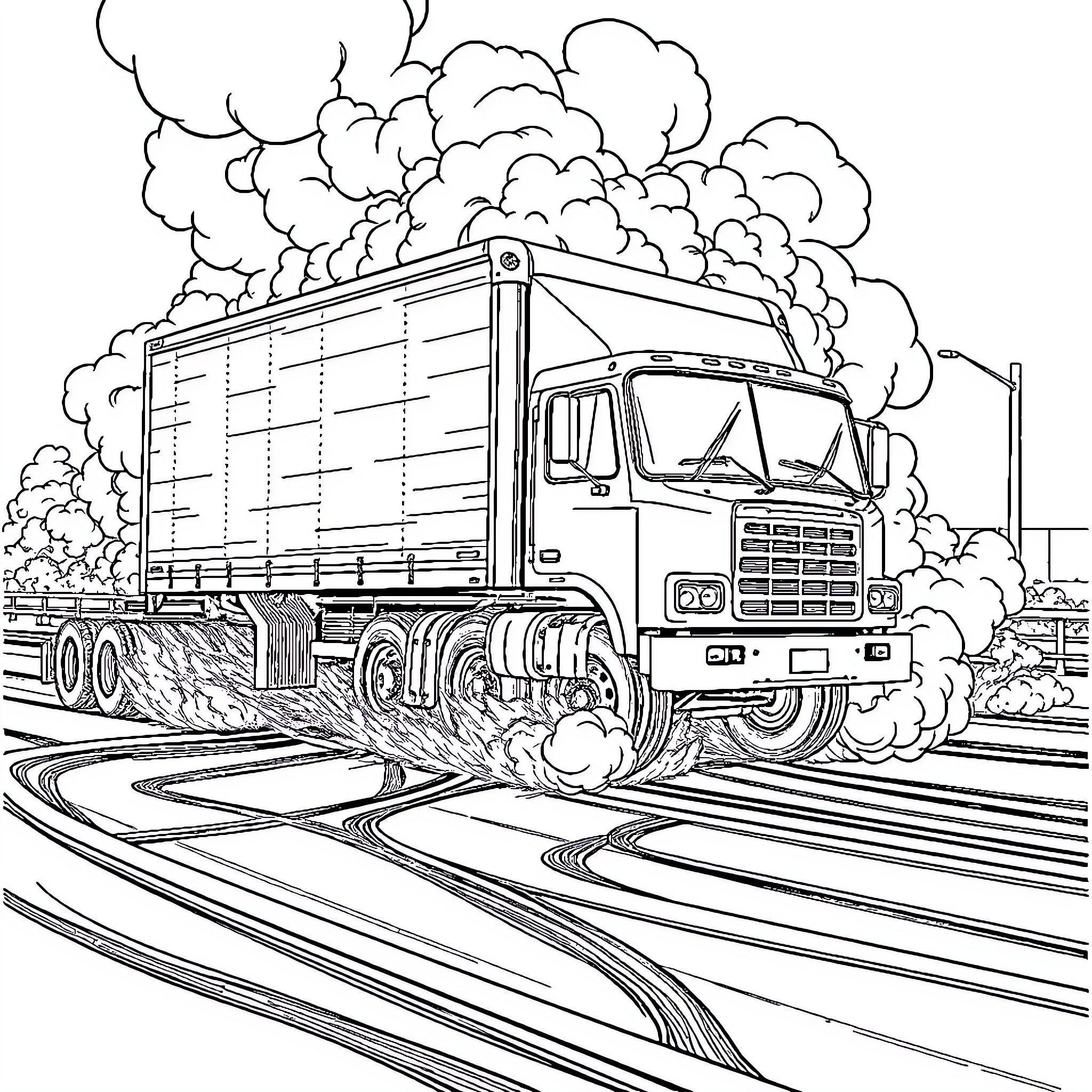Truck racing through smoky landscape Coloring Page (free black-and-white line drawing printable PDF for all, from beginners to advanced learners, including children, teens, adults, and seniors)