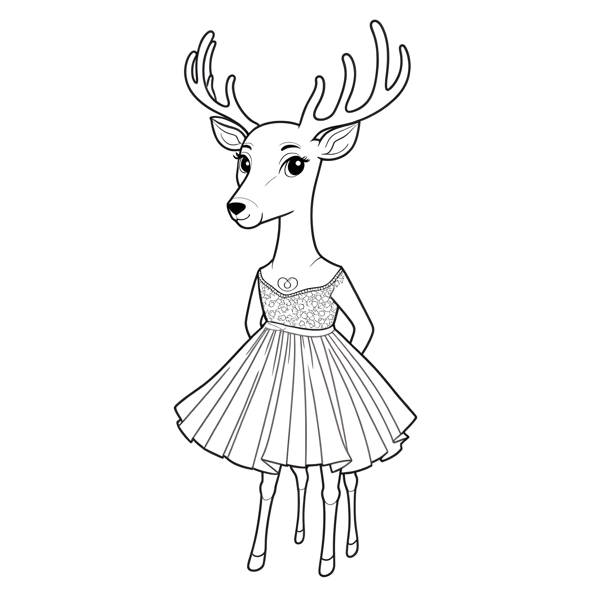 Deer wearing a whimsical dress Coloring Page (free black-and-white line drawing printable PDF for all, from beginners to advanced learners, including children, teens, adults, and seniors)