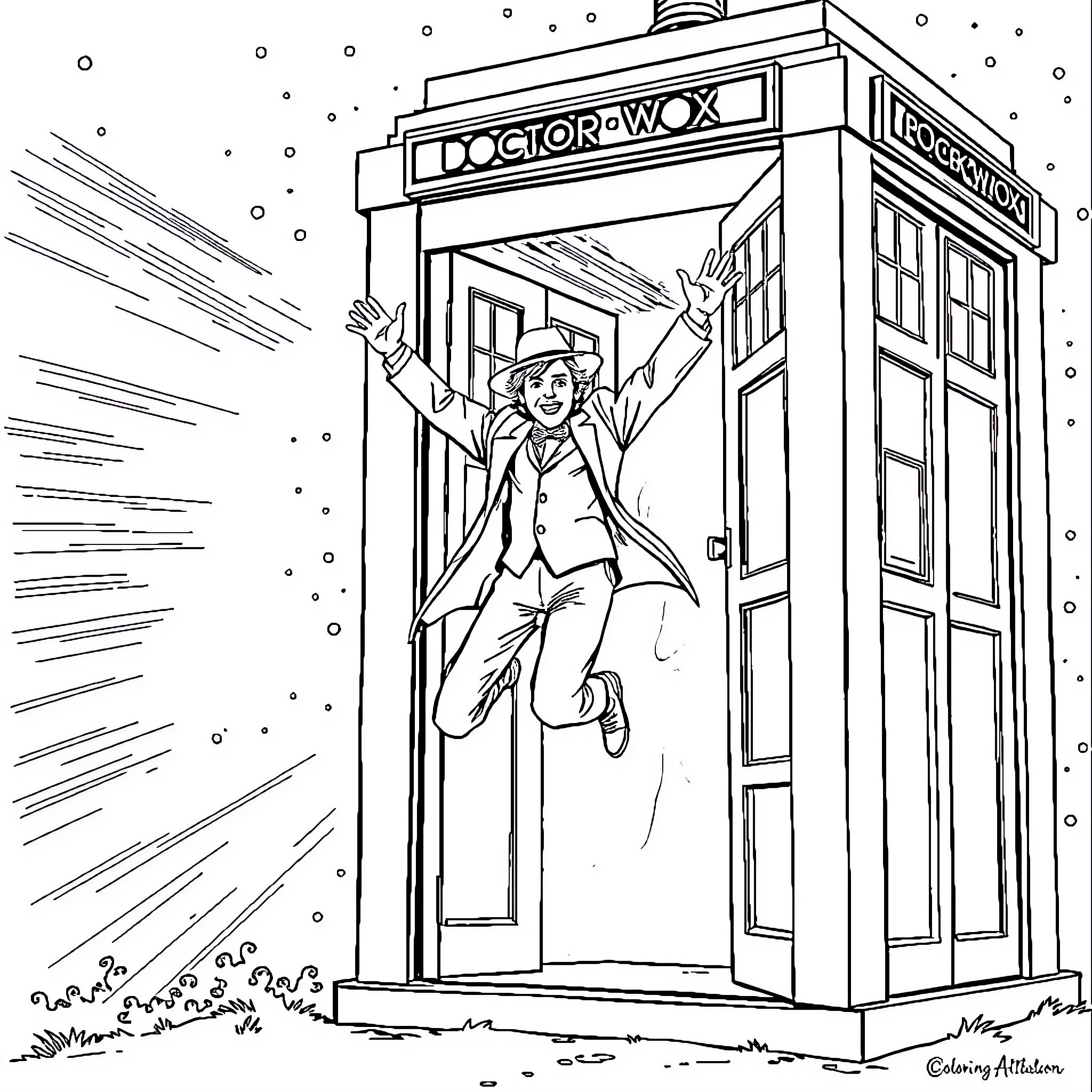 Doctor leaping out of the TARDIS in excitement Coloring Page (free black-and-white line drawing printable PDF for all, from beginners to advanced learners, including children, teens, adults, and seniors)