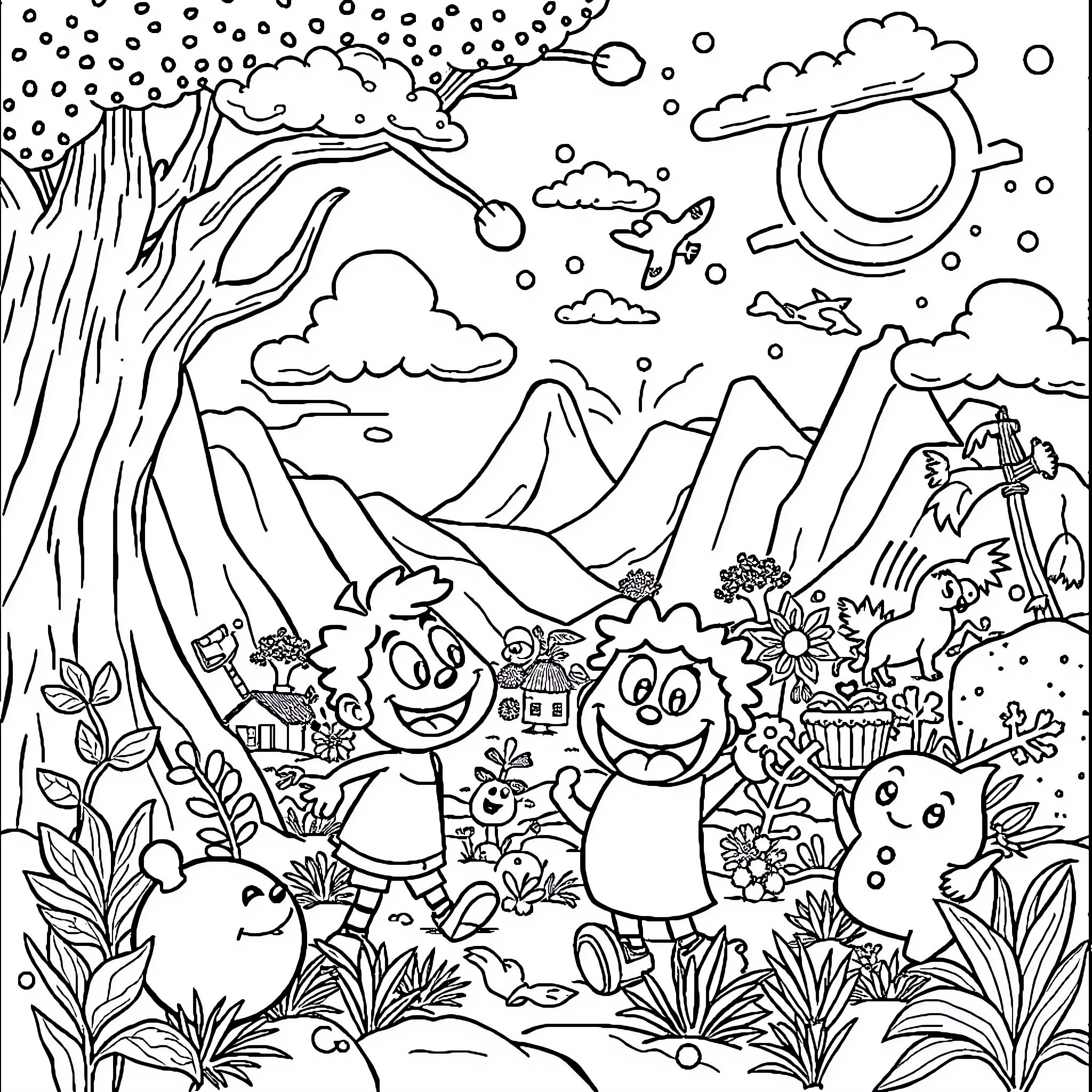 Cartoon characters frolicking in a lush nature scene Coloring Page (free black-and-white line drawing printable PDF for all, from beginners to advanced learners, including children, teens, adults, and seniors)