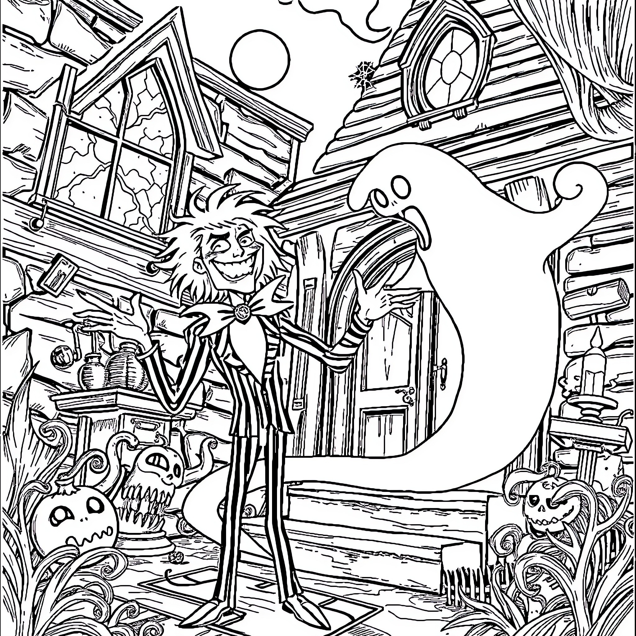 Beetlejuice's Haunted House Adventure Coloring Page (free black-and-white line drawing printable PDF for all, from beginners to advanced learners, including children, teens, adults, and seniors)